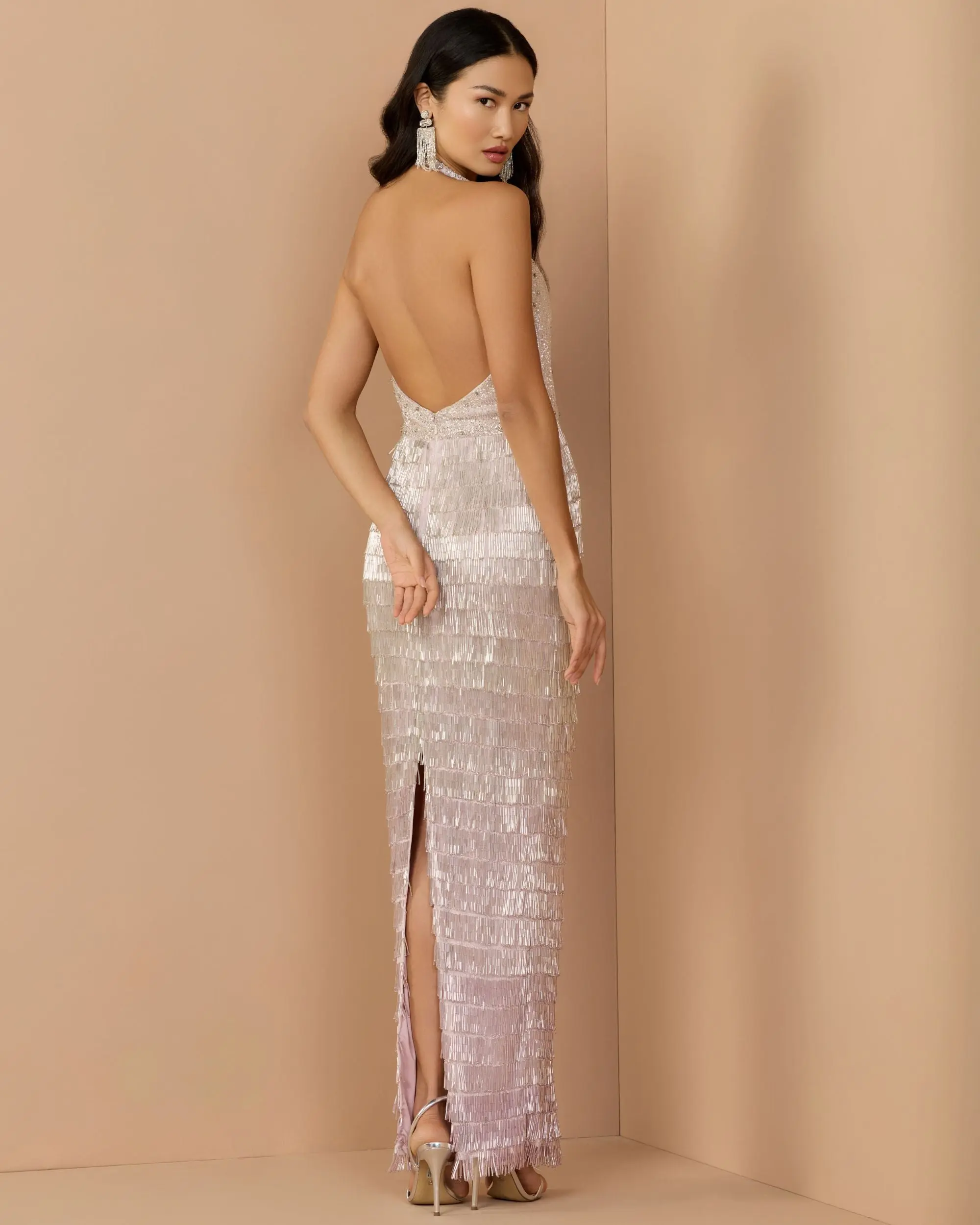 Purple and Silver Halter Neck Embellished Fringe Gown - Image 2