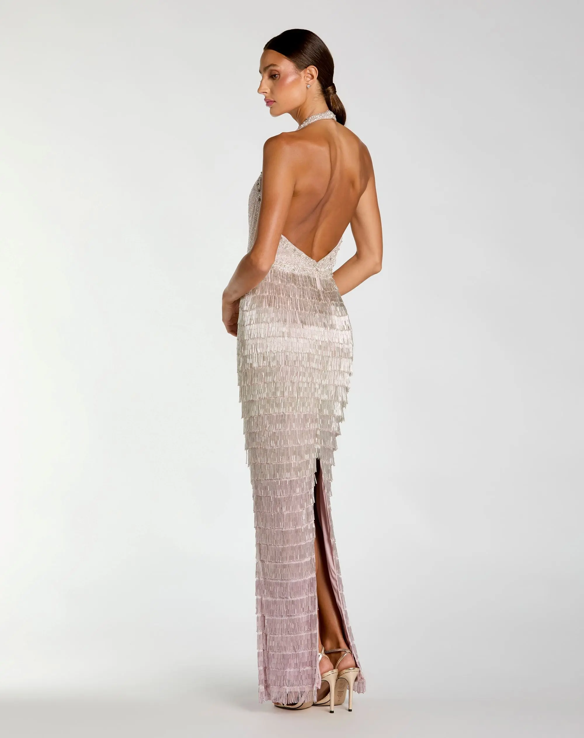 Purple and Silver Halter Neck Embellished Fringe Gown - Image 6