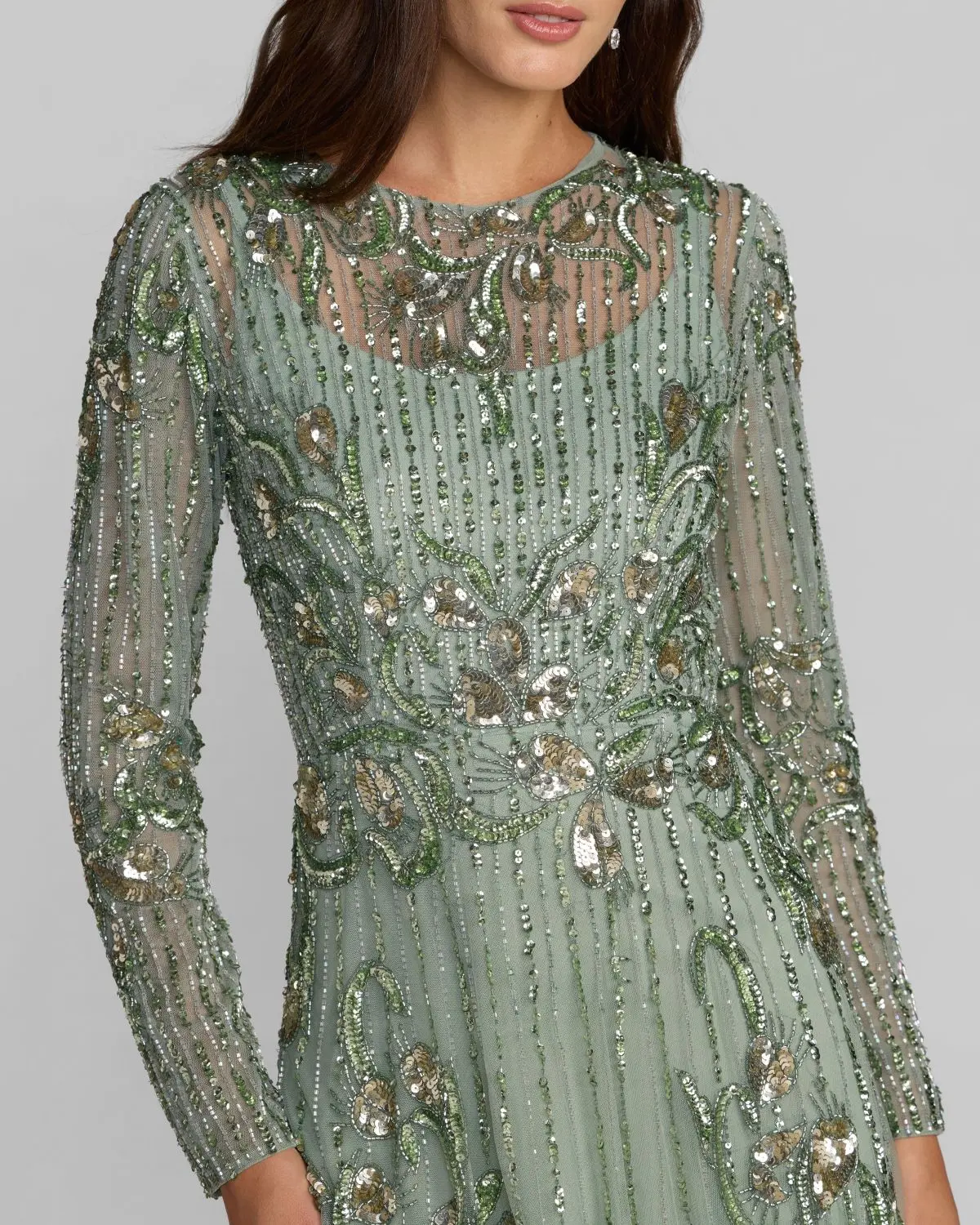 Green Beaded Long Sleeve A Line Gown - Image 3