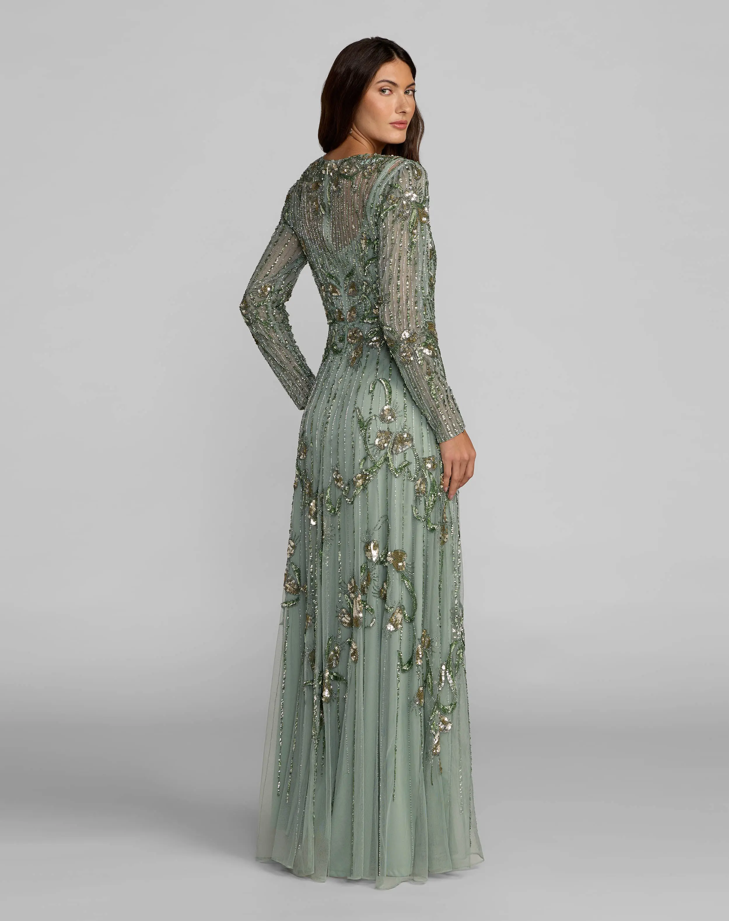 Green Beaded Long Sleeve A Line Gown - Image 4