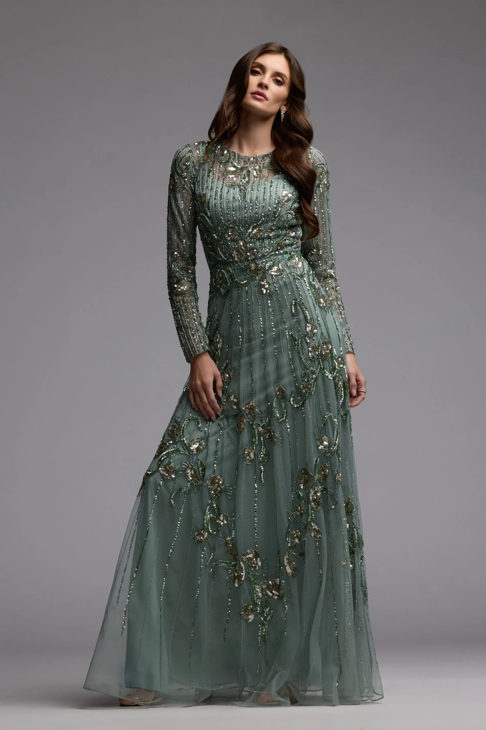 Green Beaded Long Sleeve A Line Gown - Image 6