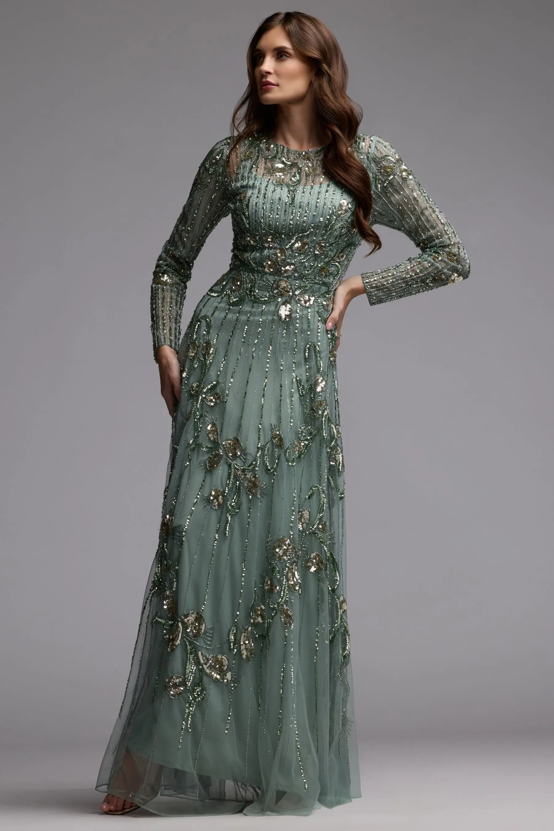 Green Beaded Long Sleeve A Line Gown - Image 7