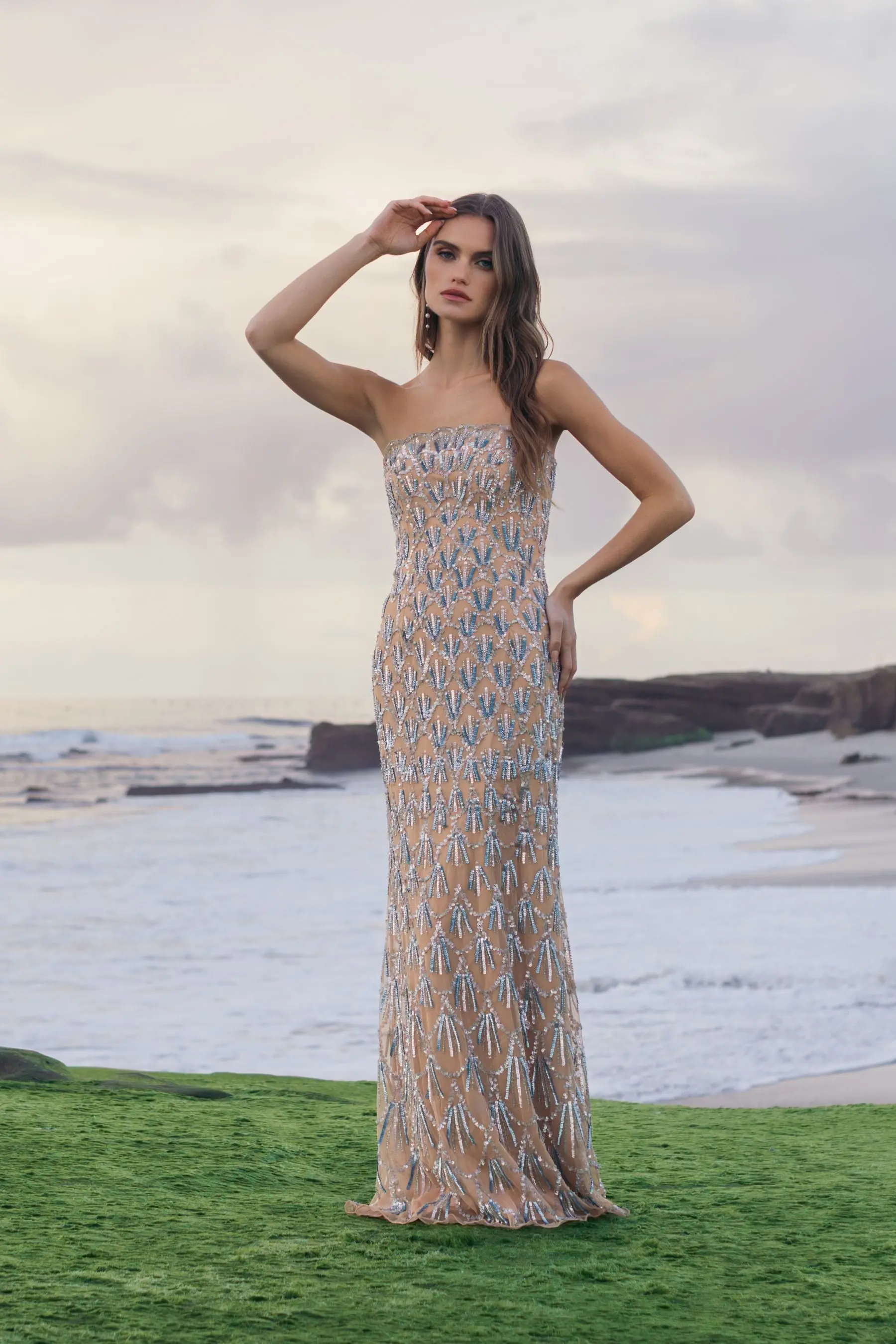 Beige Hand Embellished Strapless Evening Gown - Image 4
