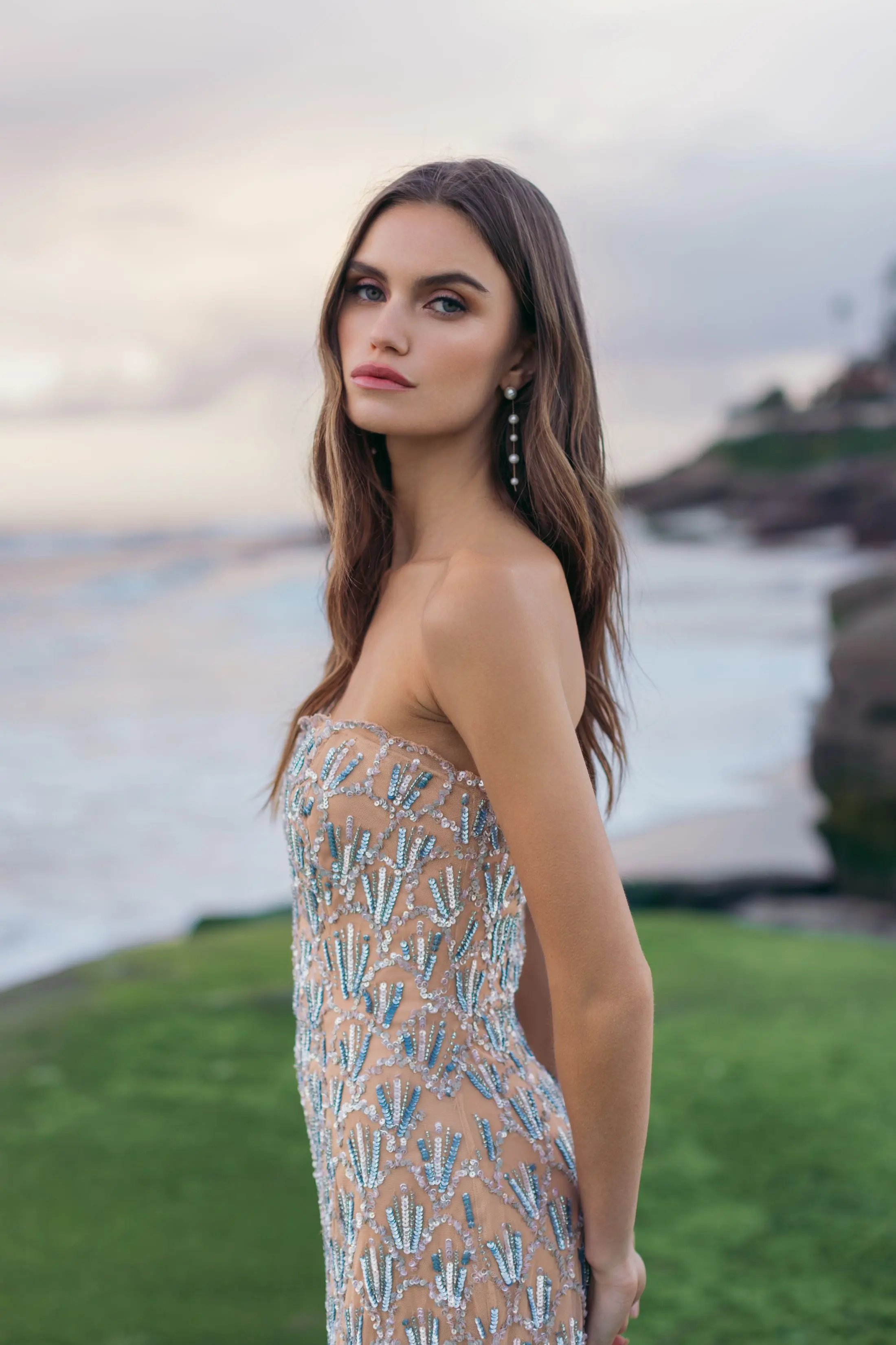 Beige Hand Embellished Strapless Evening Gown - Image 6