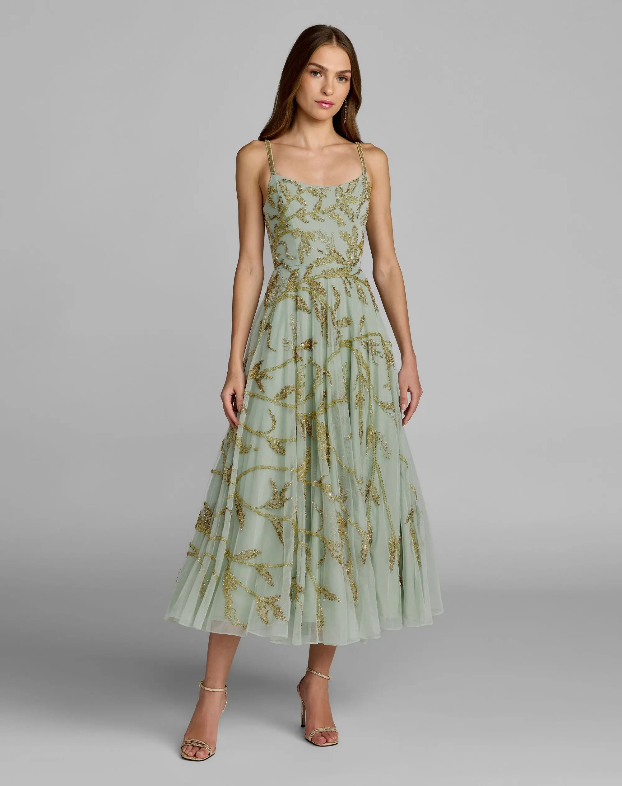 Green and Gold Floral Hand Beaded Midi Dress