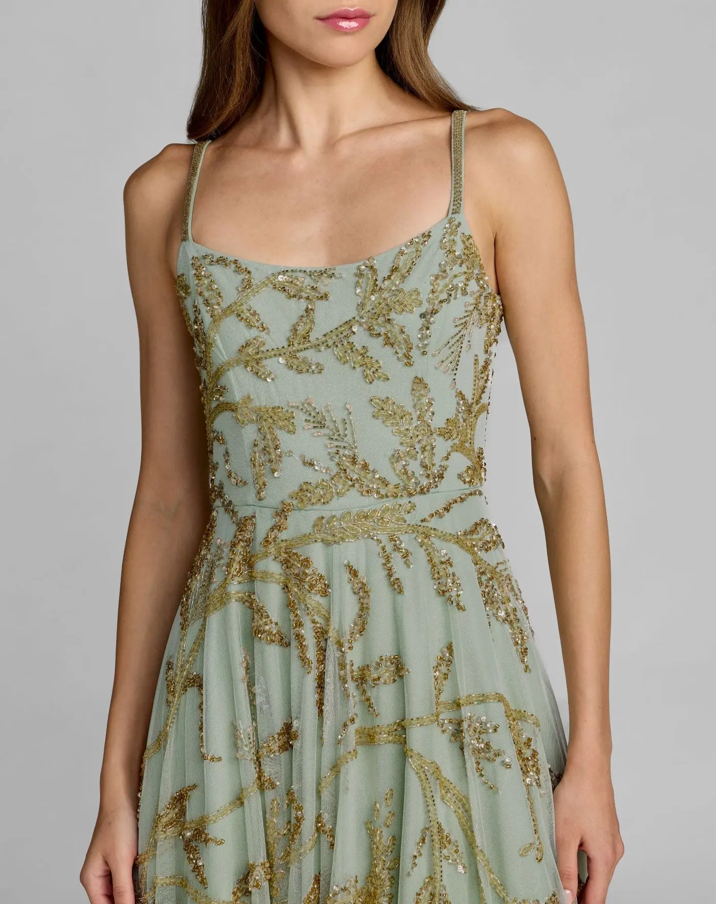Green and Gold Floral Hand Beaded Midi Dress - Image 2