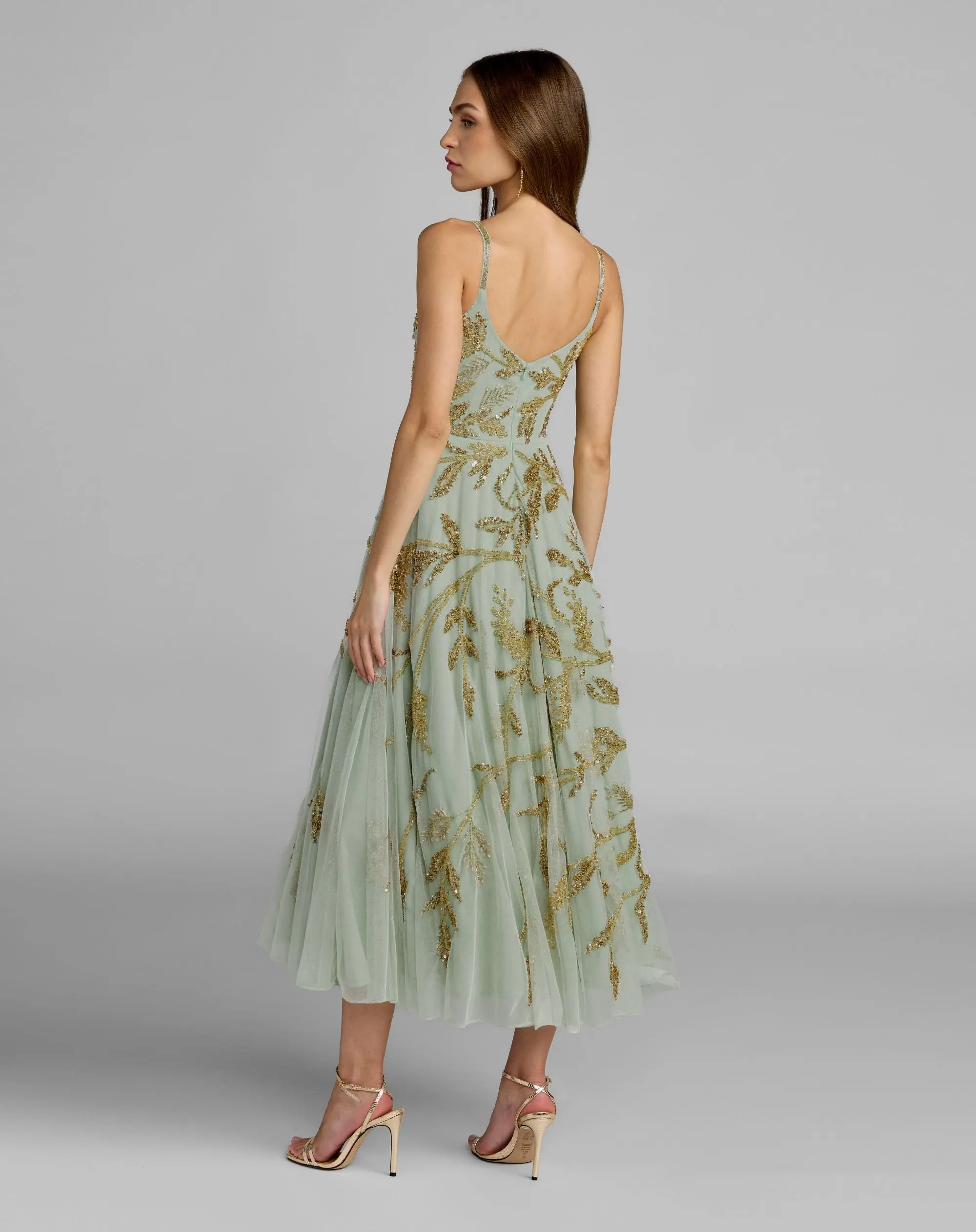Green and Gold Floral Hand Beaded Midi Dress - Image 3
