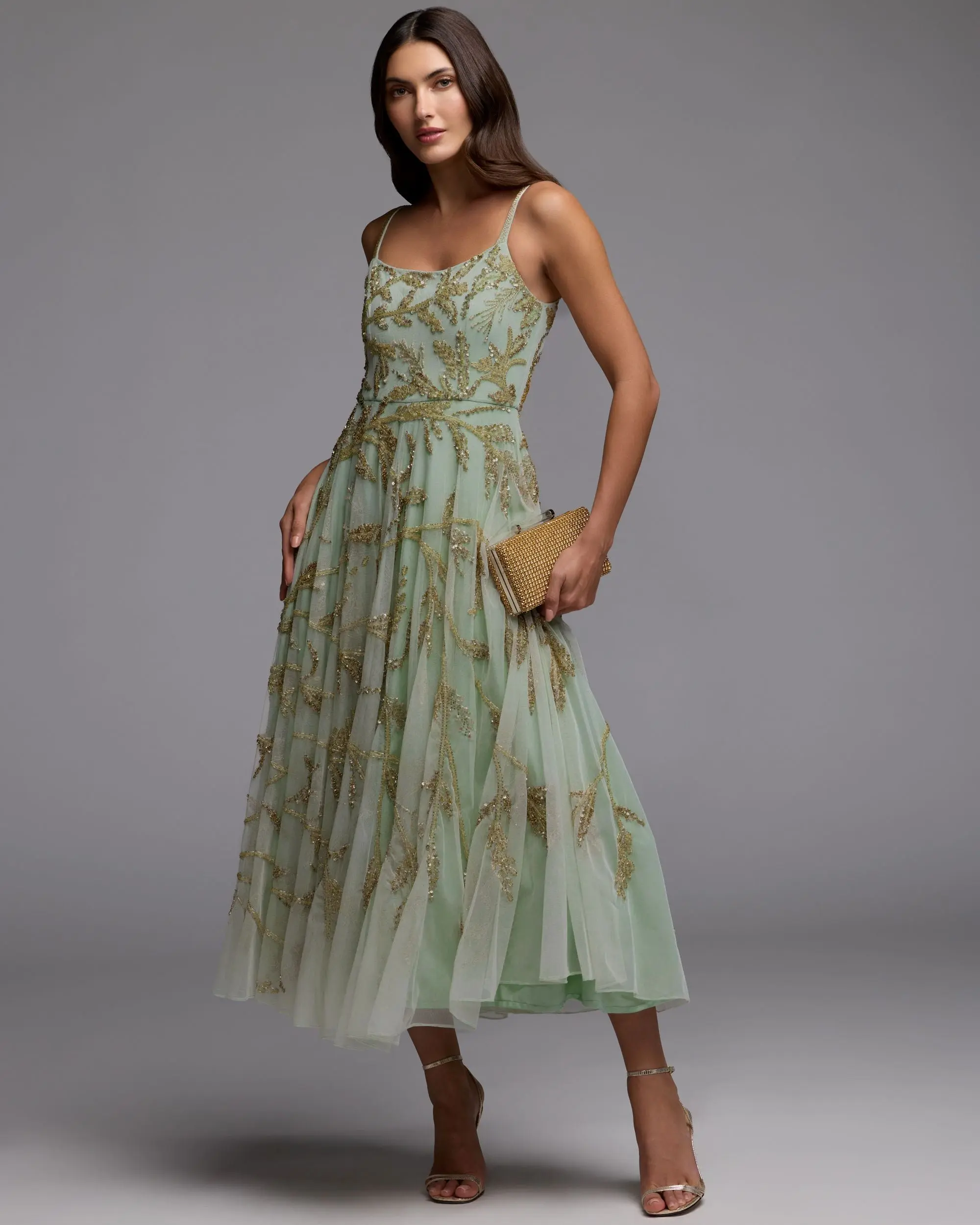 Green and Gold Floral Hand Beaded Midi Dress - Image 4