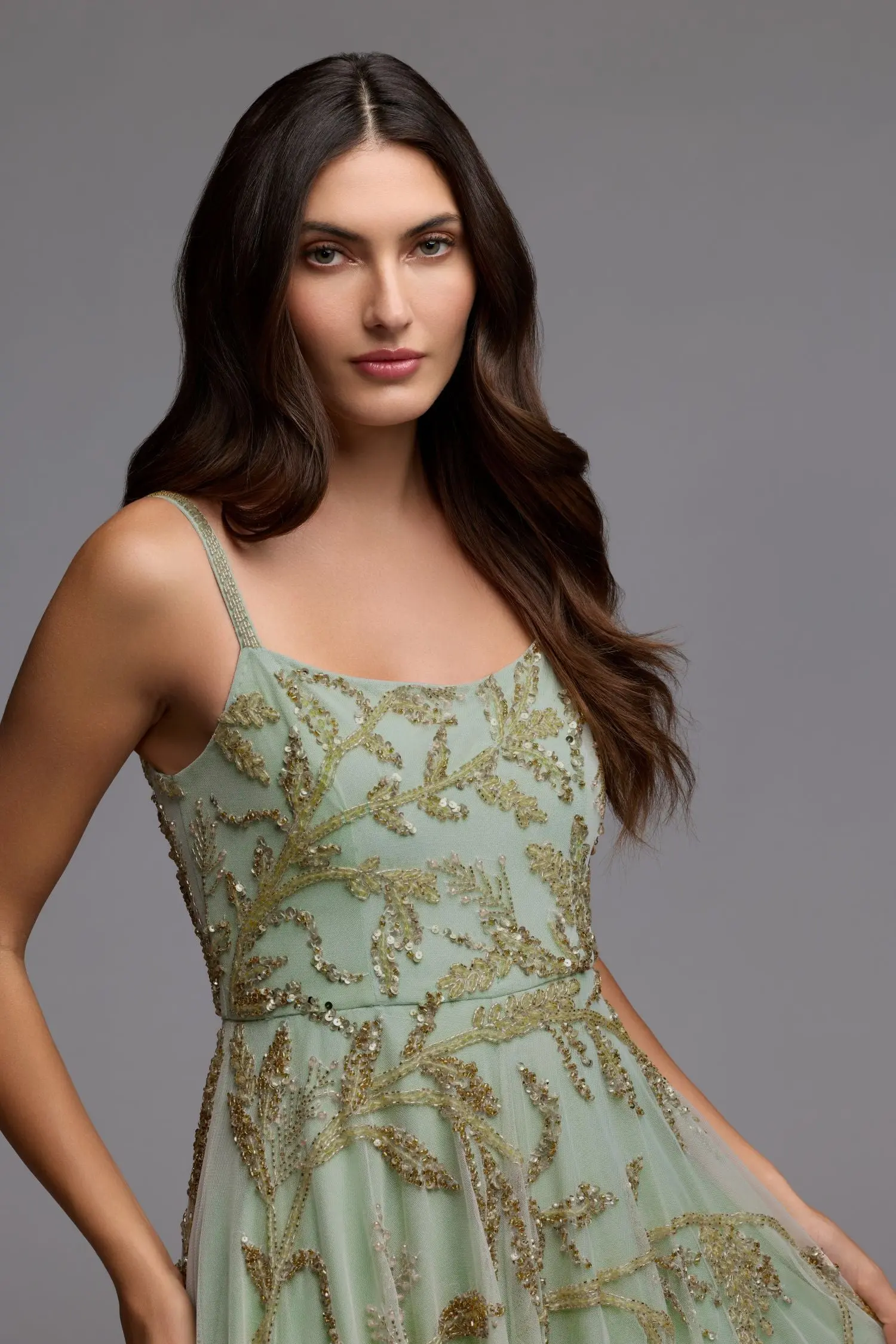 Green and Gold Floral Hand Beaded Midi Dress - Image 6
