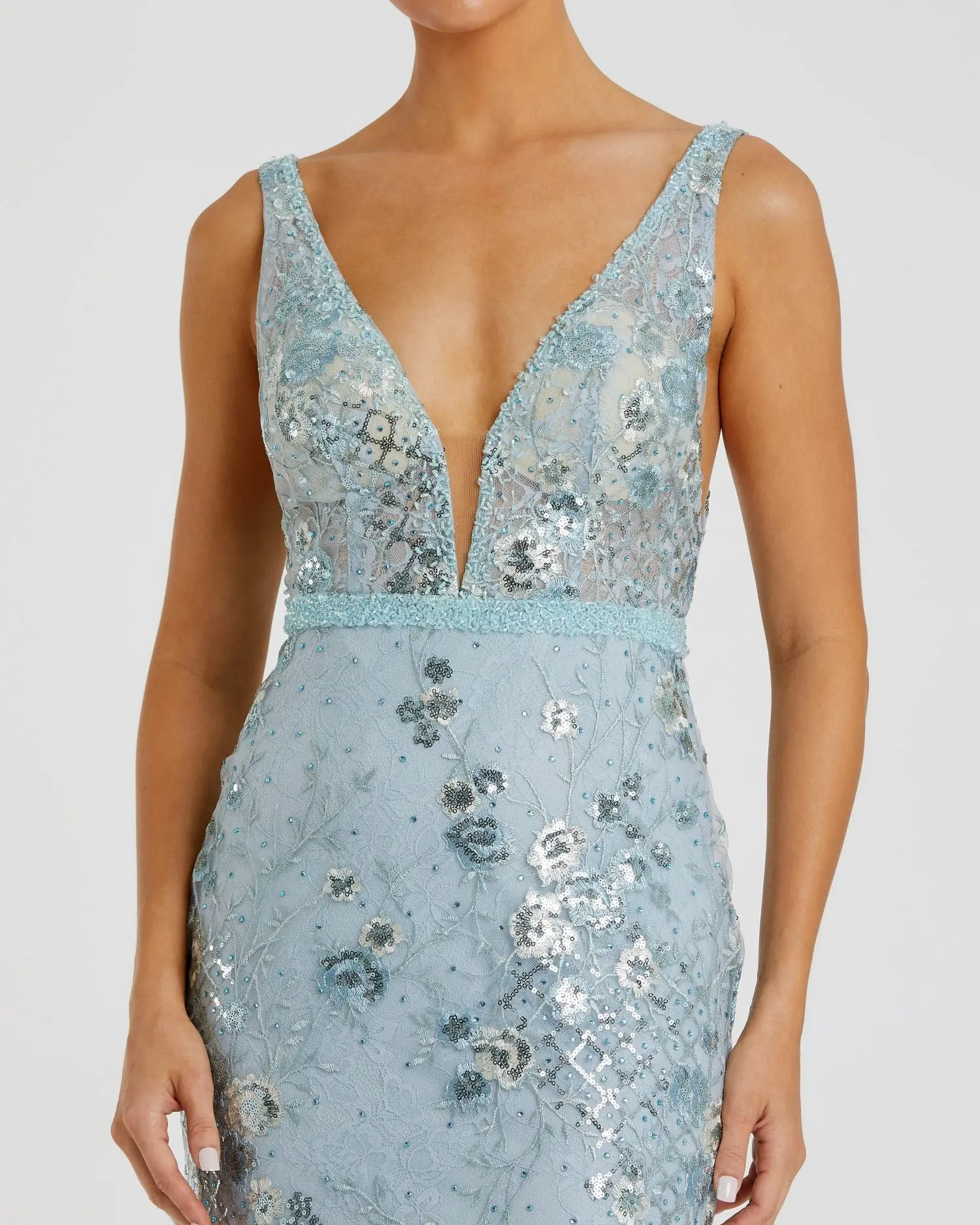 Blue Embellished Sleeveless Plunge Neck Gown - Image 2
