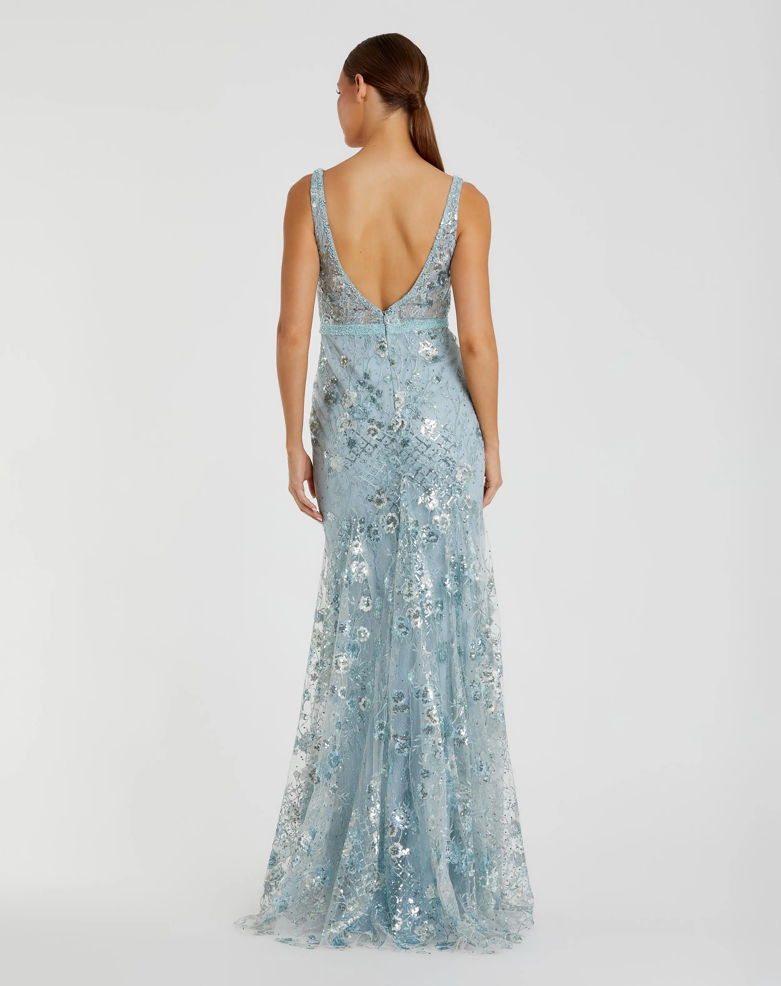 Blue Embellished Sleeveless Plunge Neck Gown - Image 3