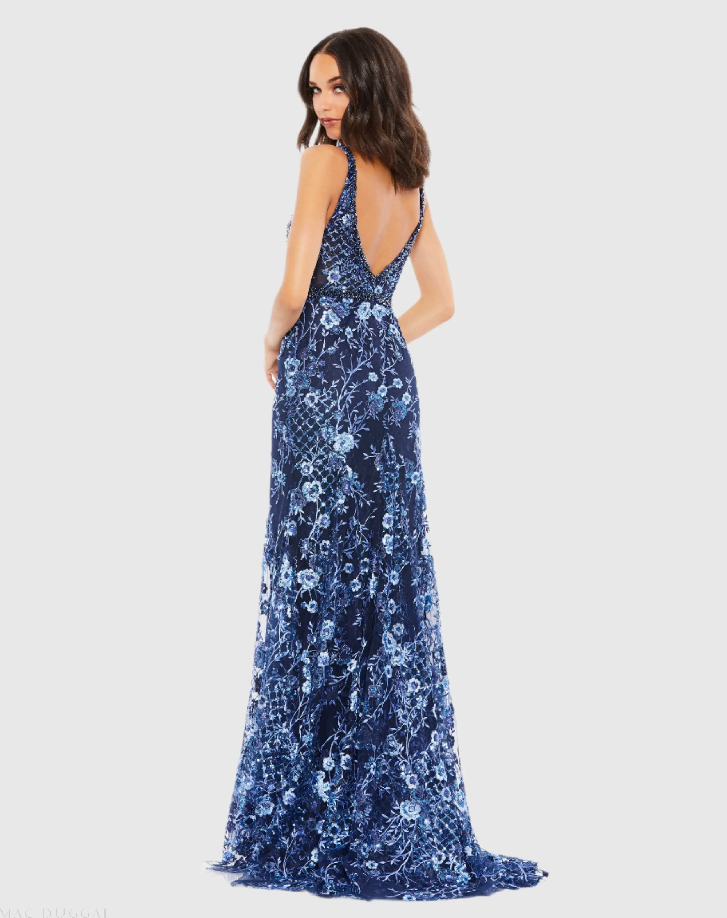 Dark Blue Floral Embellished Sleeveless Plunge Neck Gown - Image 3