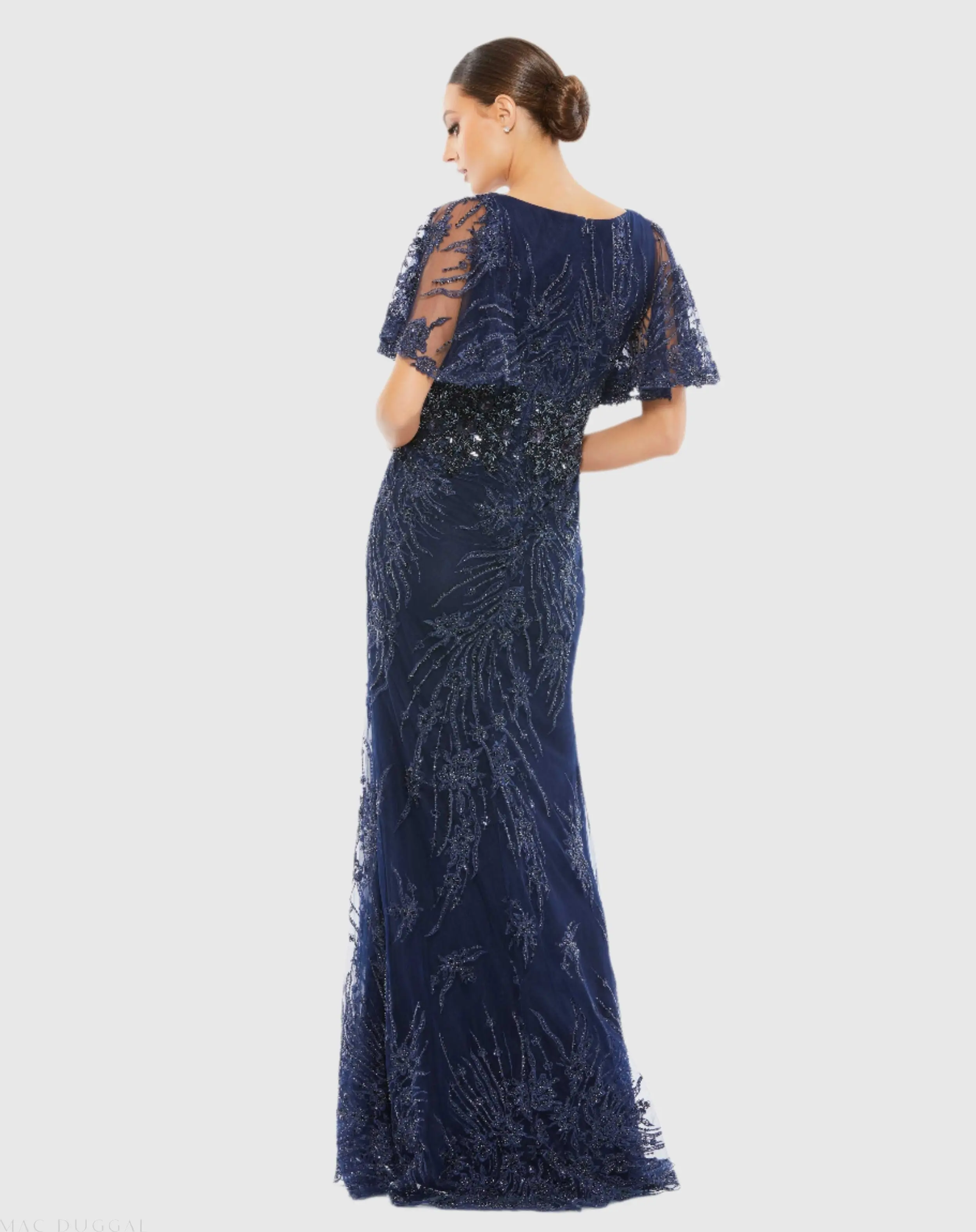 Navy Embellished Flutter Sleeve Evening Gown - Image 3