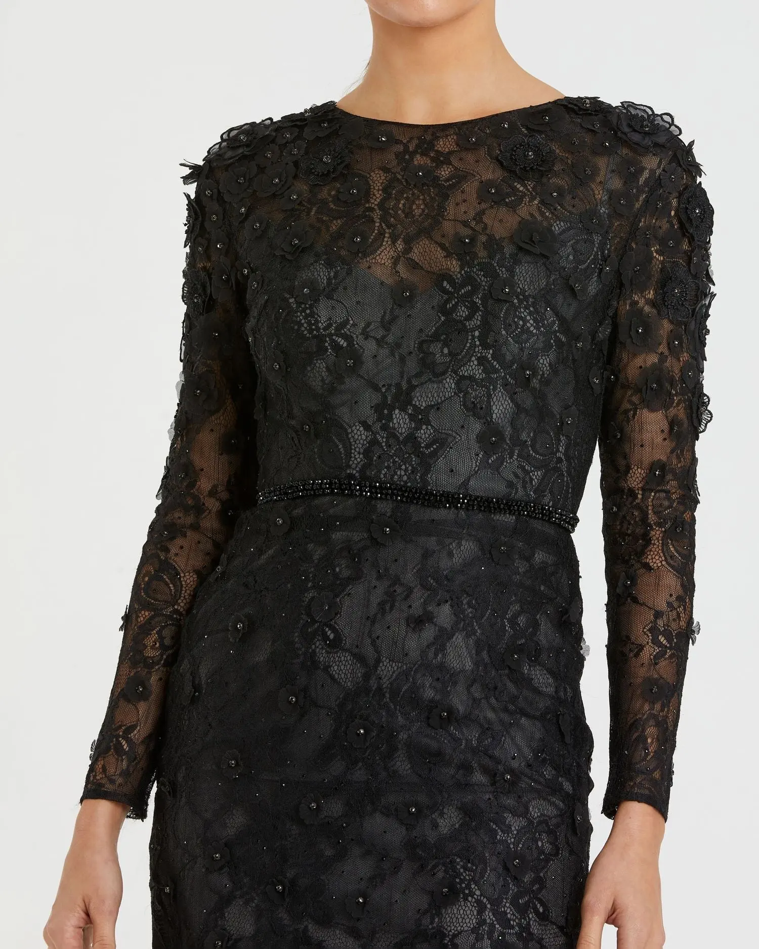 Black Floral Appliqué Long Sleeve Cocktail Dress - Image 2