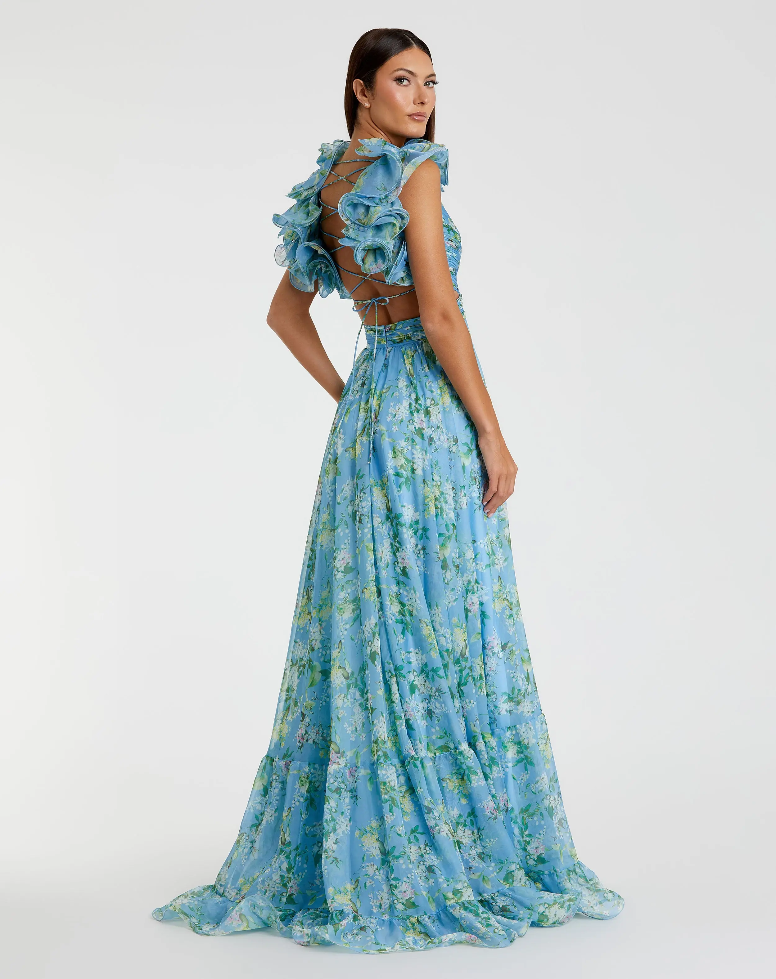 Blue Ruffle Tiered Floral Cut-Out Chiffon Gown - Image 3