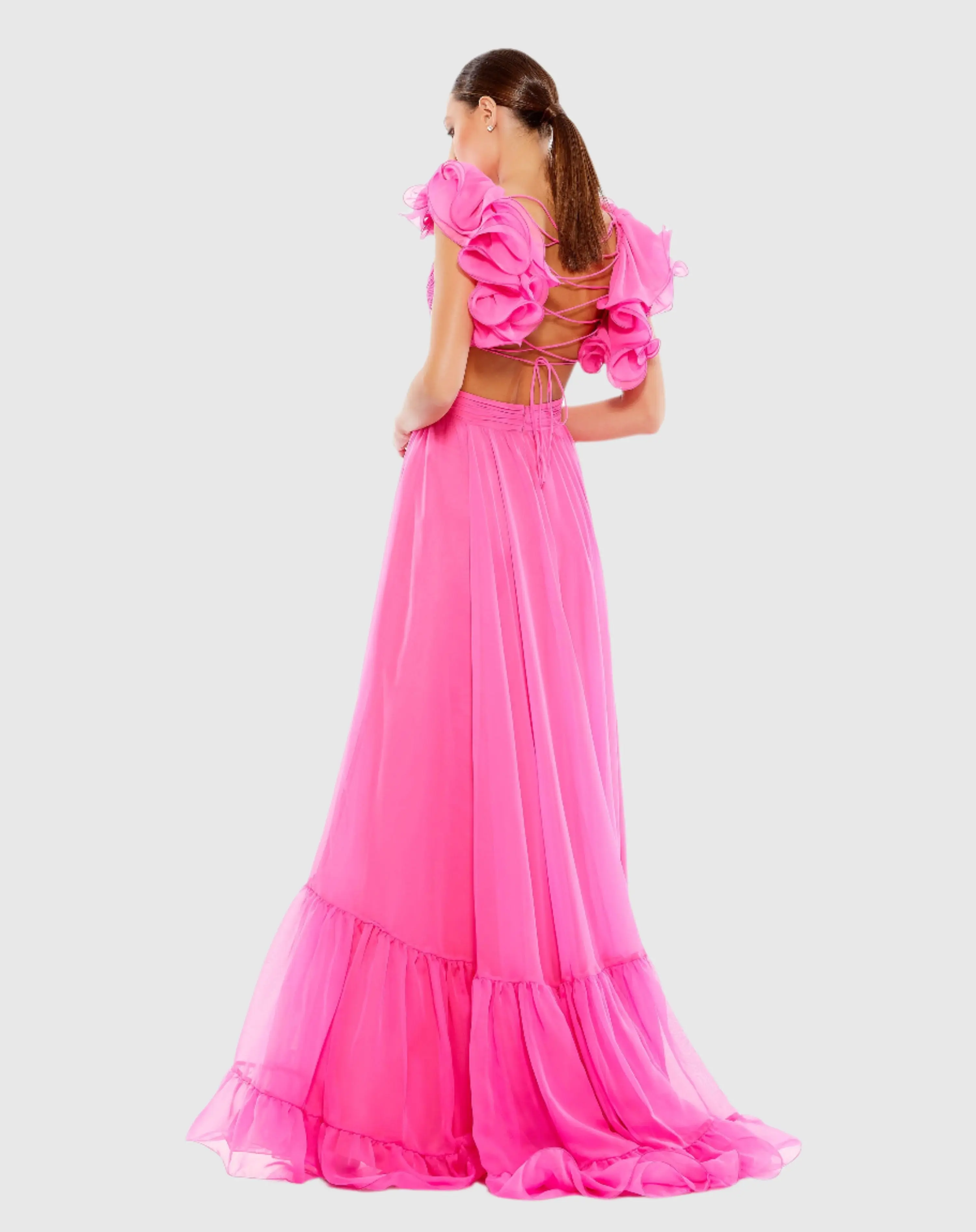 Dark Pink Ruffle Tiered Cut-Out Chiffon Gown - FINAL SALE - Image 3
