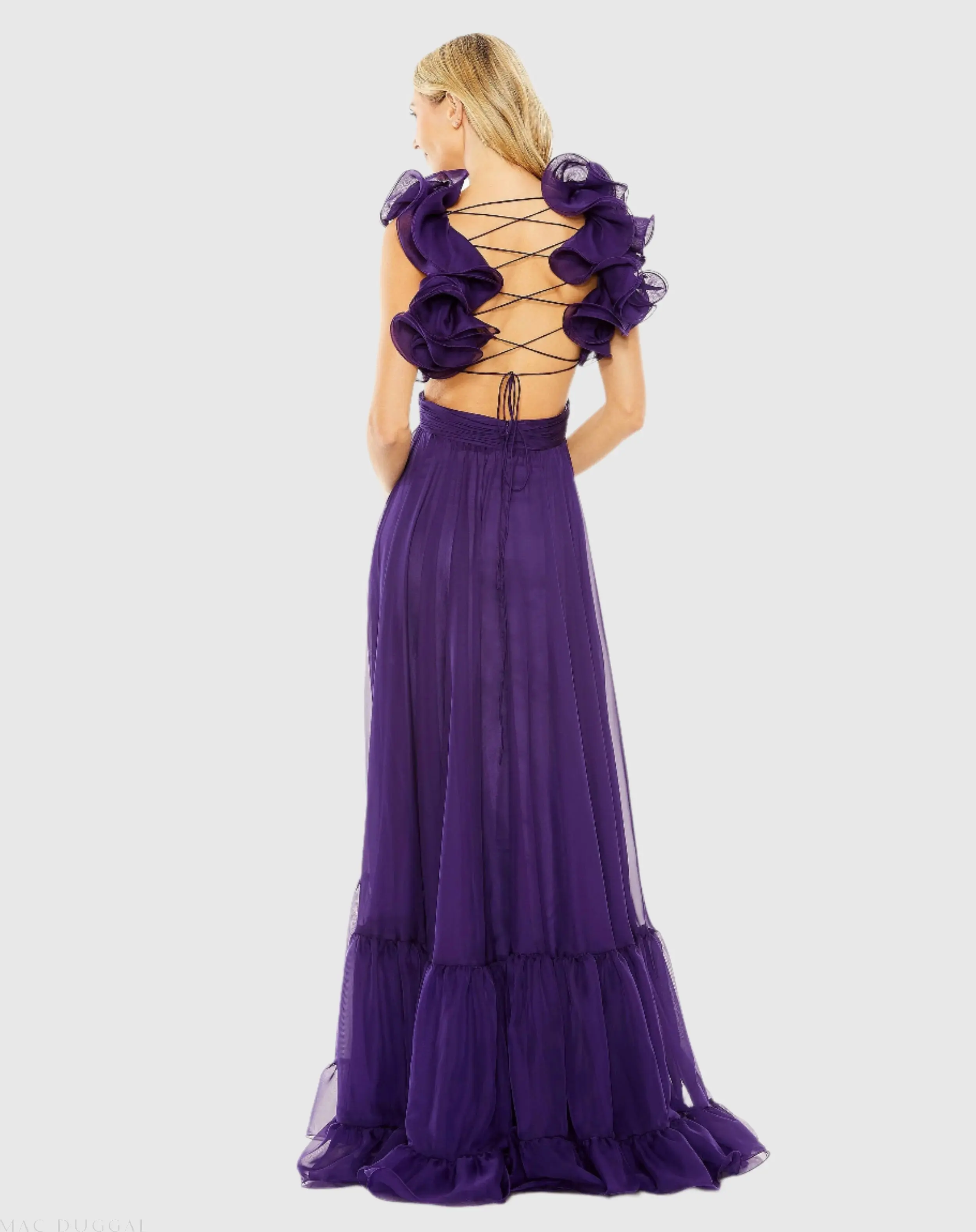 Purple Ruffle Tiered Cut-Out Chiffon Gown - Image 3