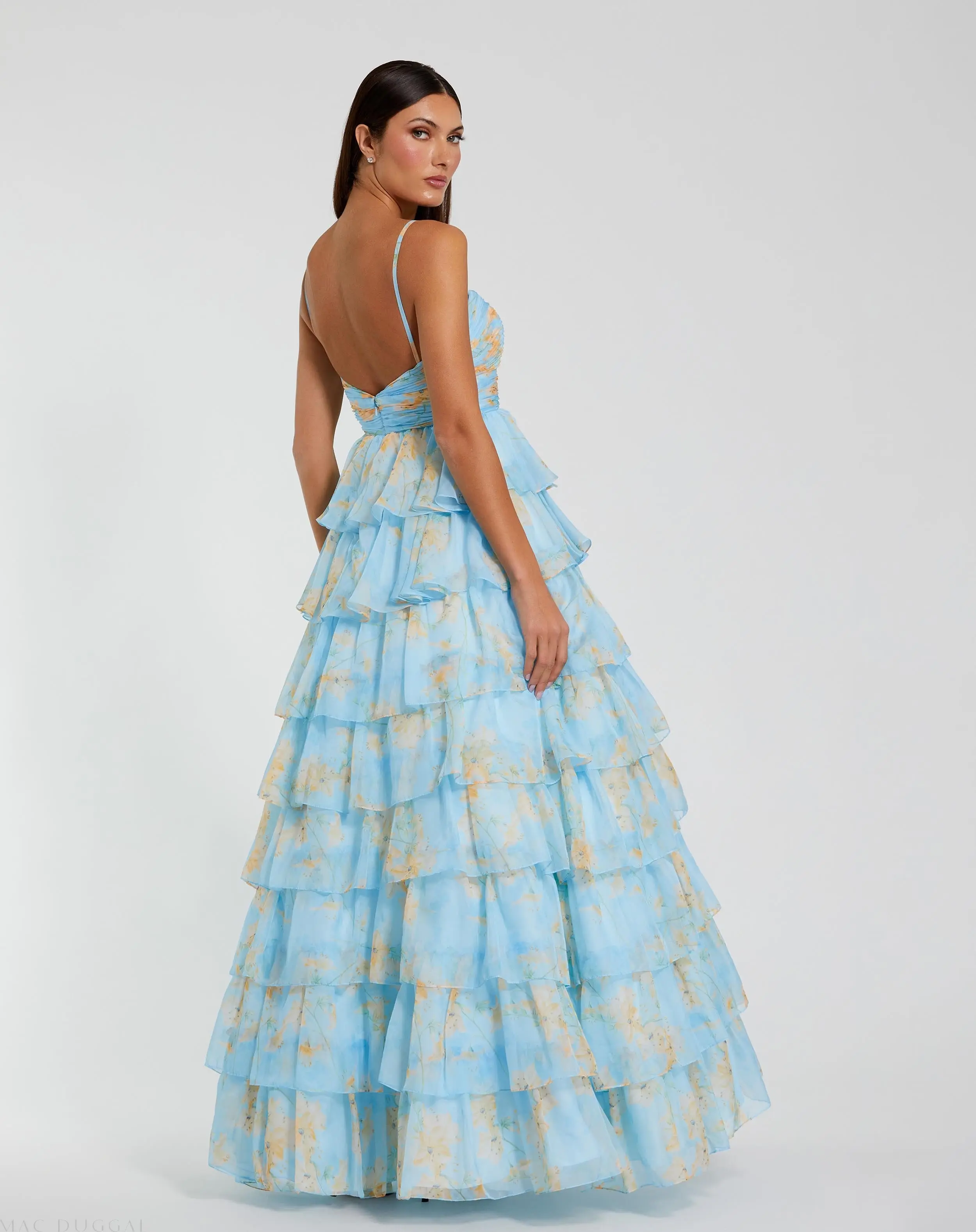 Blue Floral Cut Out Ruffle Tiered Gown - Image 2