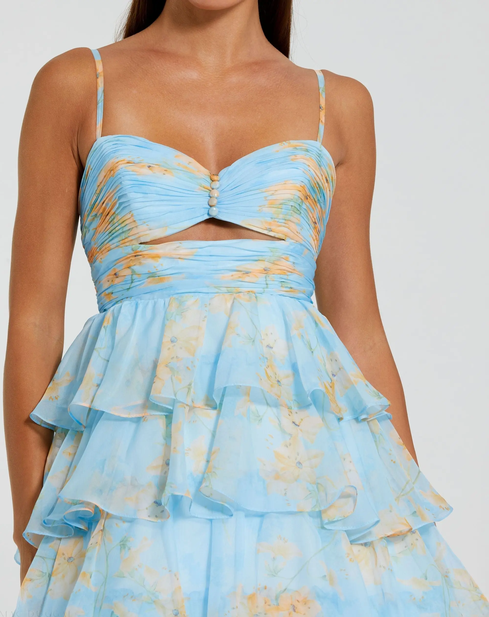 Blue Floral Cut Out Ruffle Tiered Gown - Image 3
