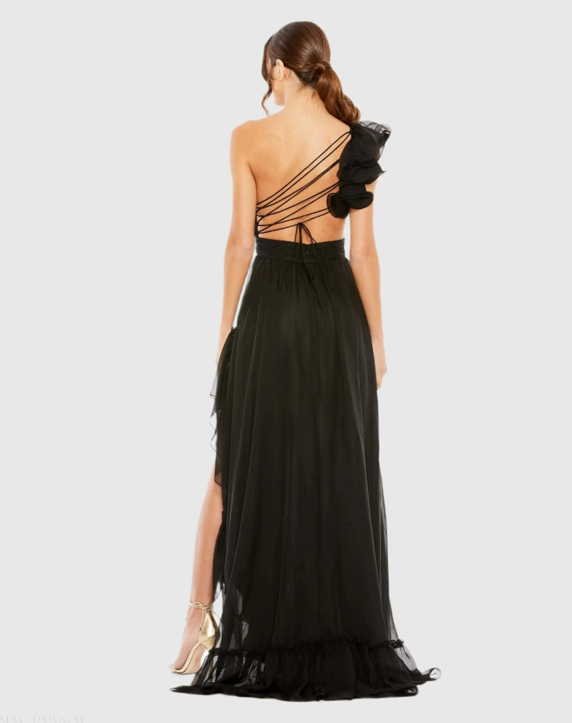 Black Ruffled One Shoulder Asymmetrical Gown - Image 2