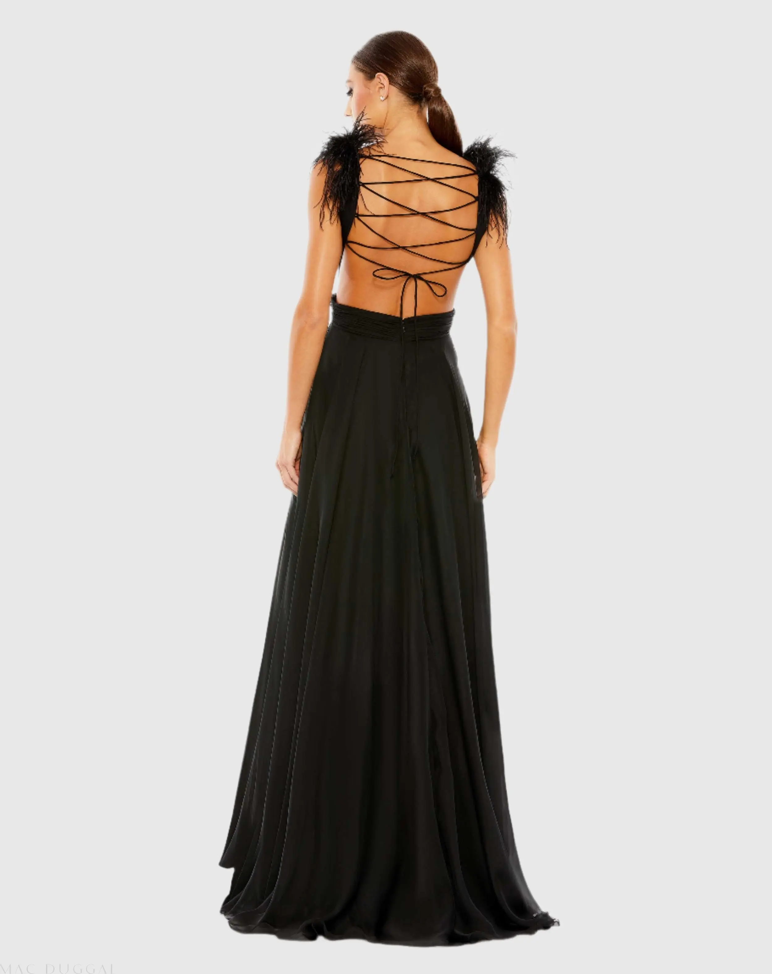 Black Plunge Ostrich Feather A Line Gown - Image 2