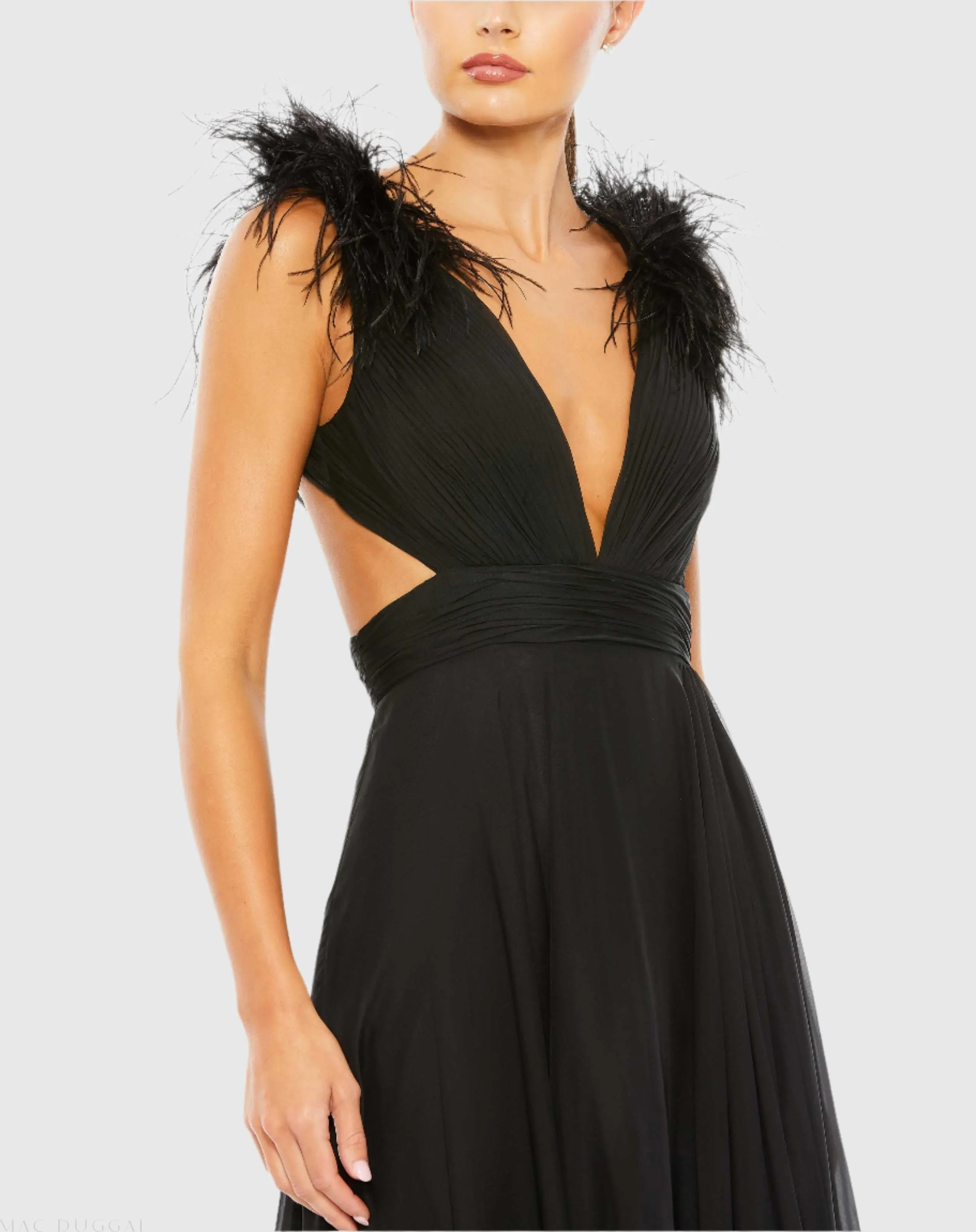 Black Plunge Ostrich Feather A Line Gown - Image 3