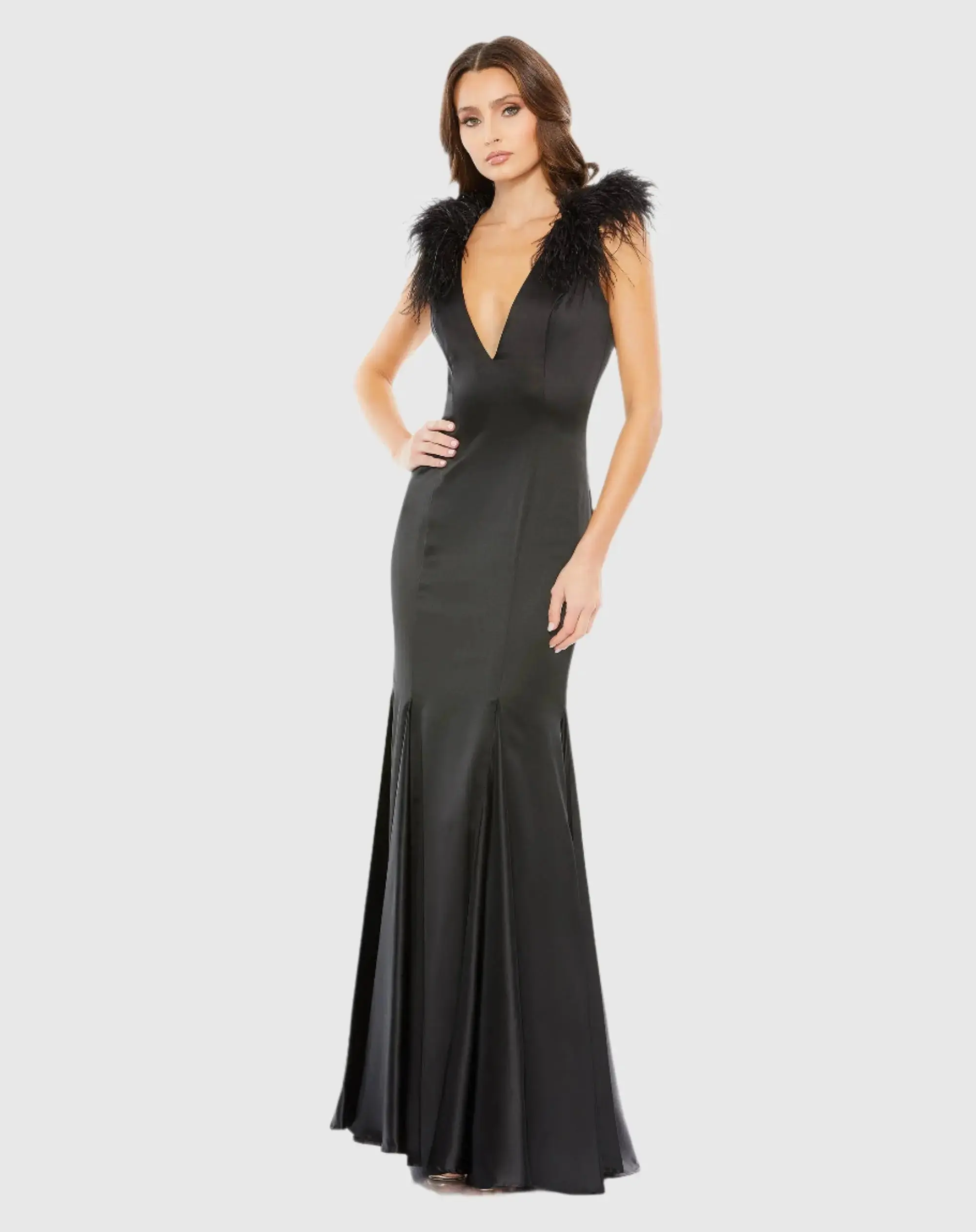 Black Feather Shoulder V-Neck Gown - FINAL SALE