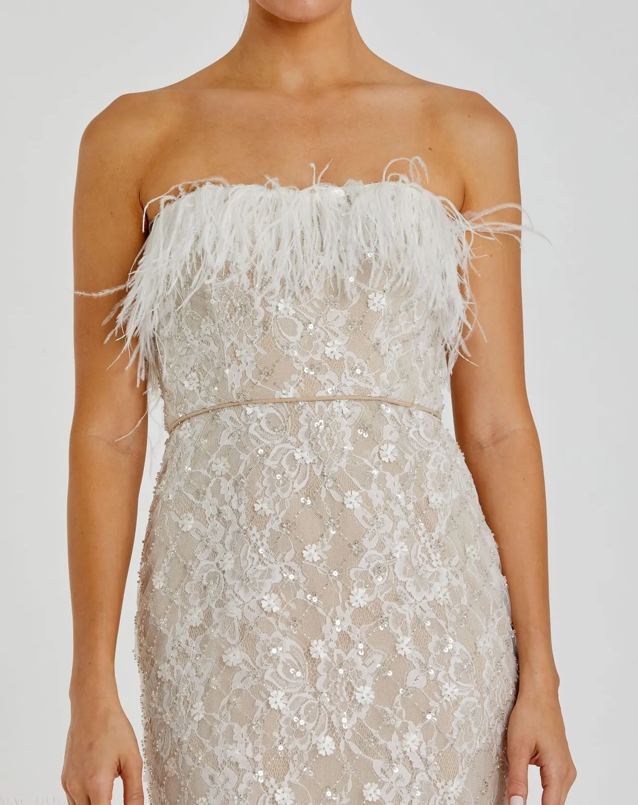 White and Beige Embellished Feather Strapless Column Dress - Image 2