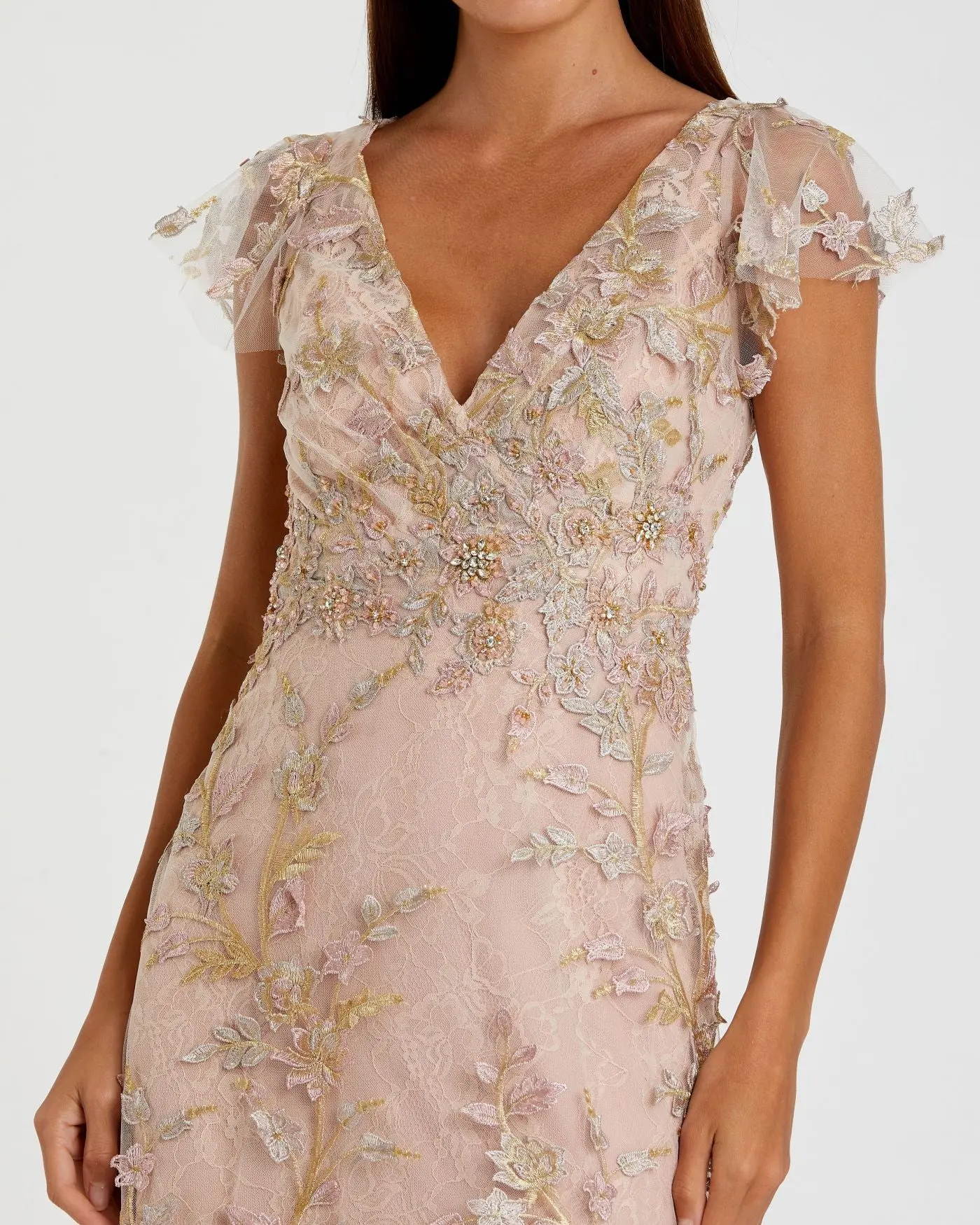 Pink Embroidered Applique Wrap Over Flutter Sleeve Gown - Image 2