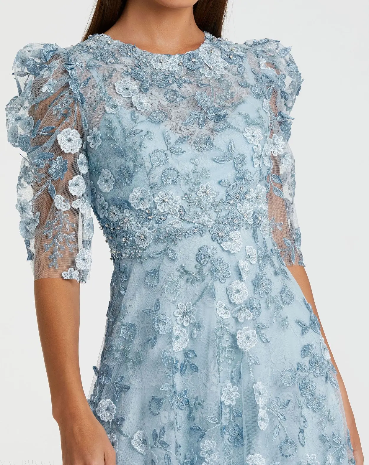 Blue Applique High Neck Puff Sleeve A Line Dress - Image 2