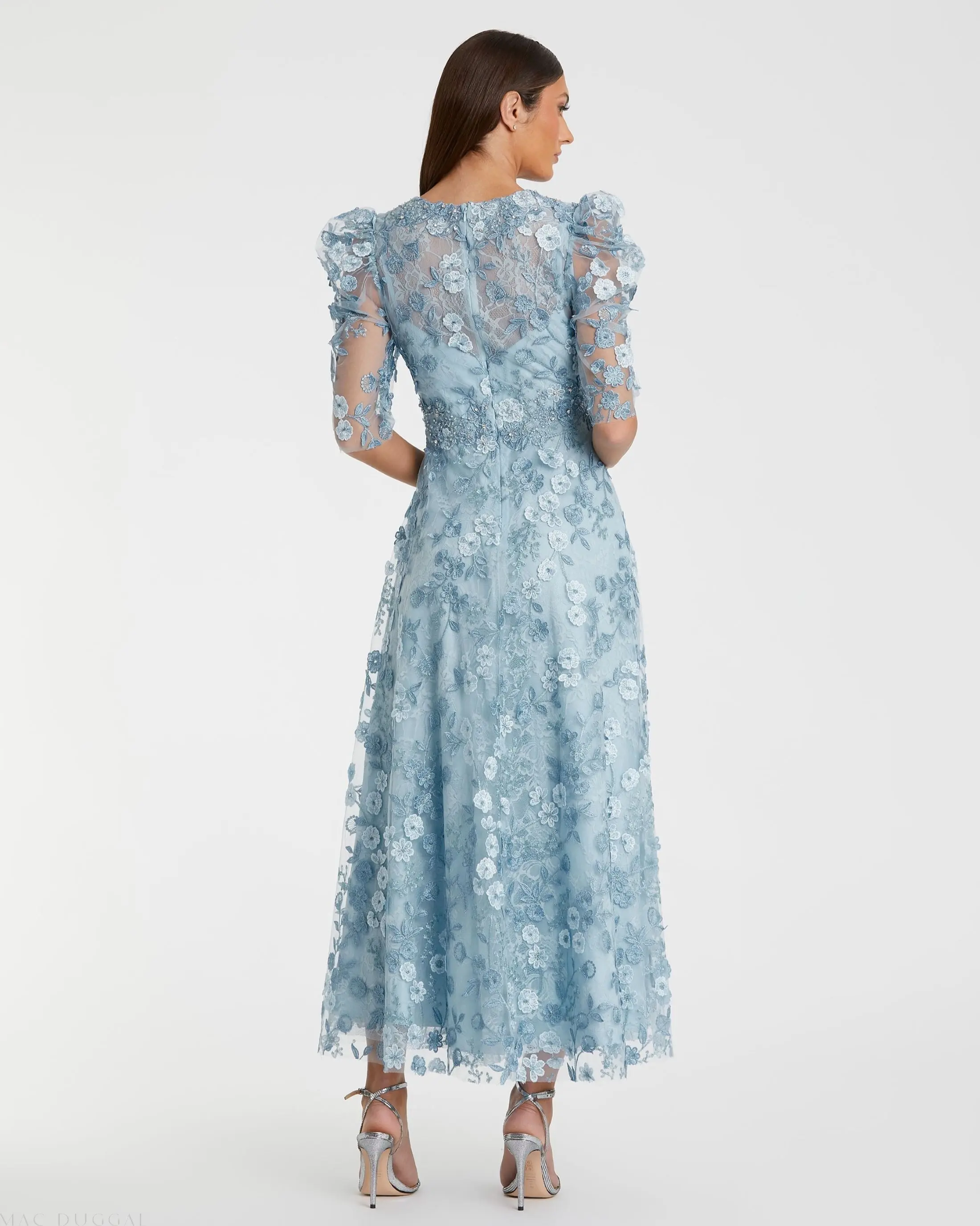 Blue Applique High Neck Puff Sleeve A Line Dress - Image 3