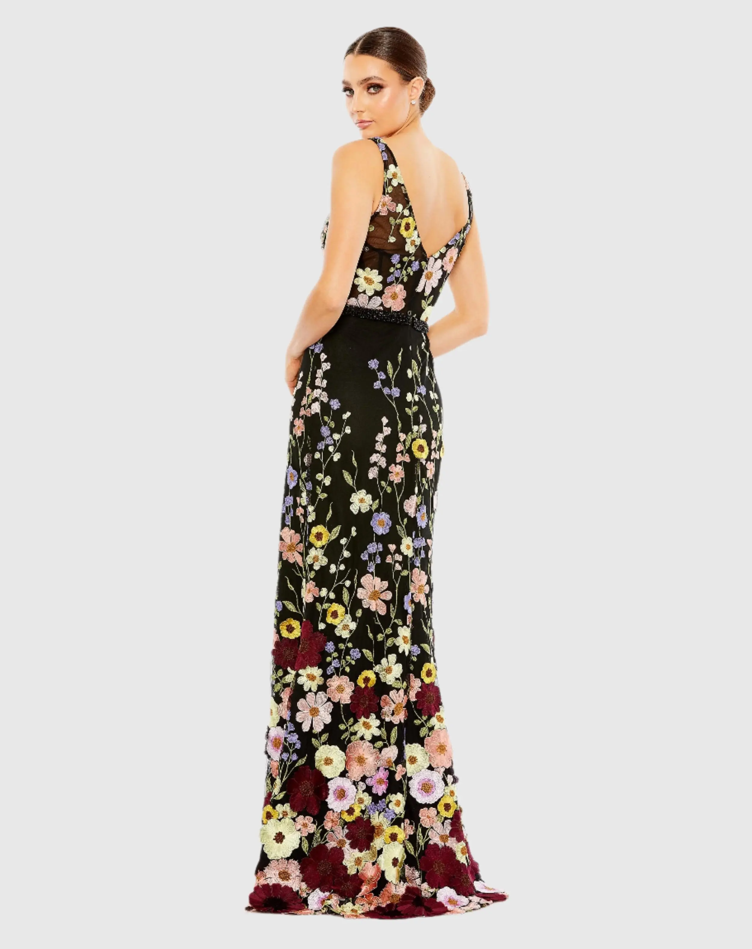 Black Embroidered Tulle Sleeveless V Neck Gown - Image 3