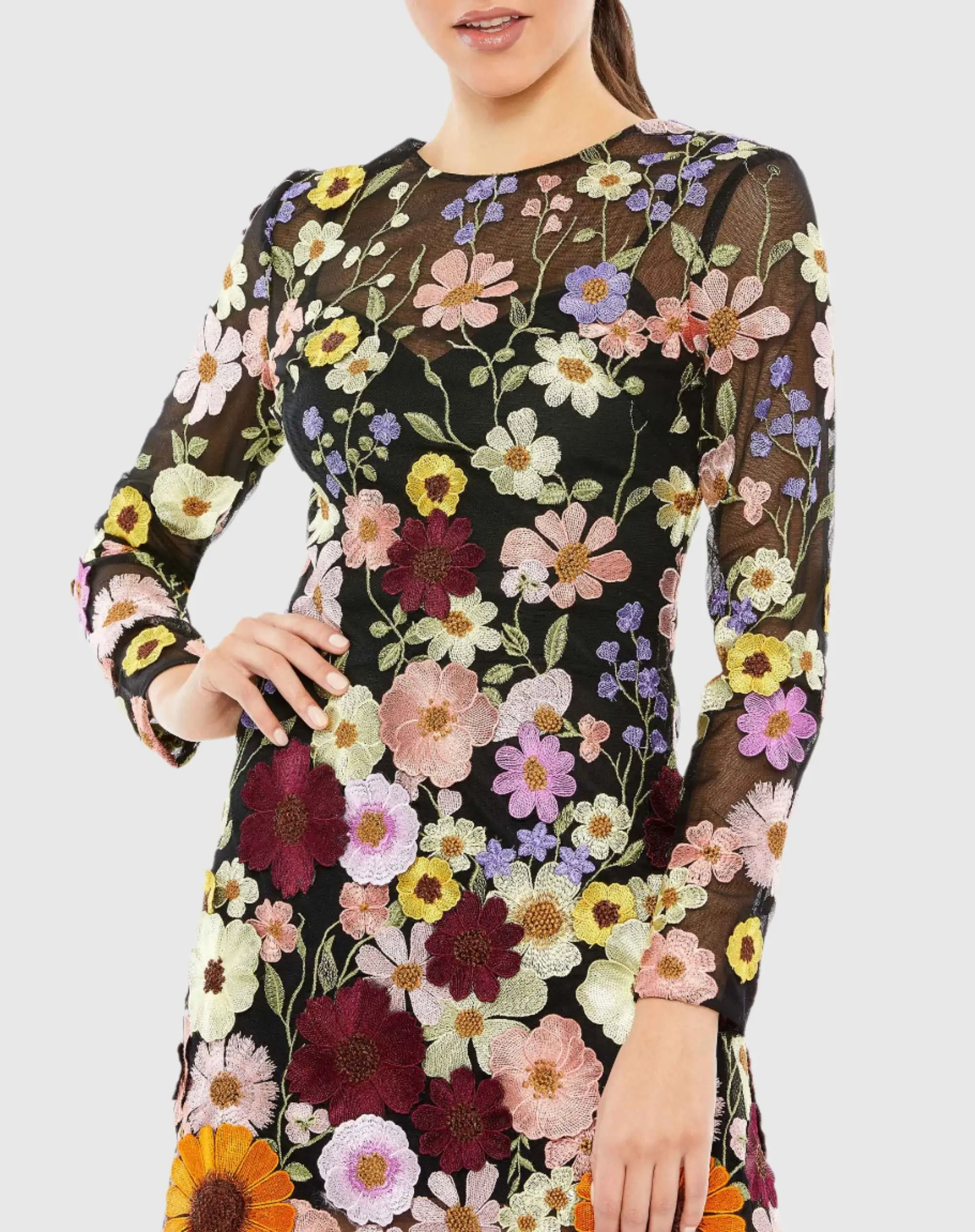 Black Floral Embroidered Long Sleeve Mini Dress - FINAL SALE - Image 2