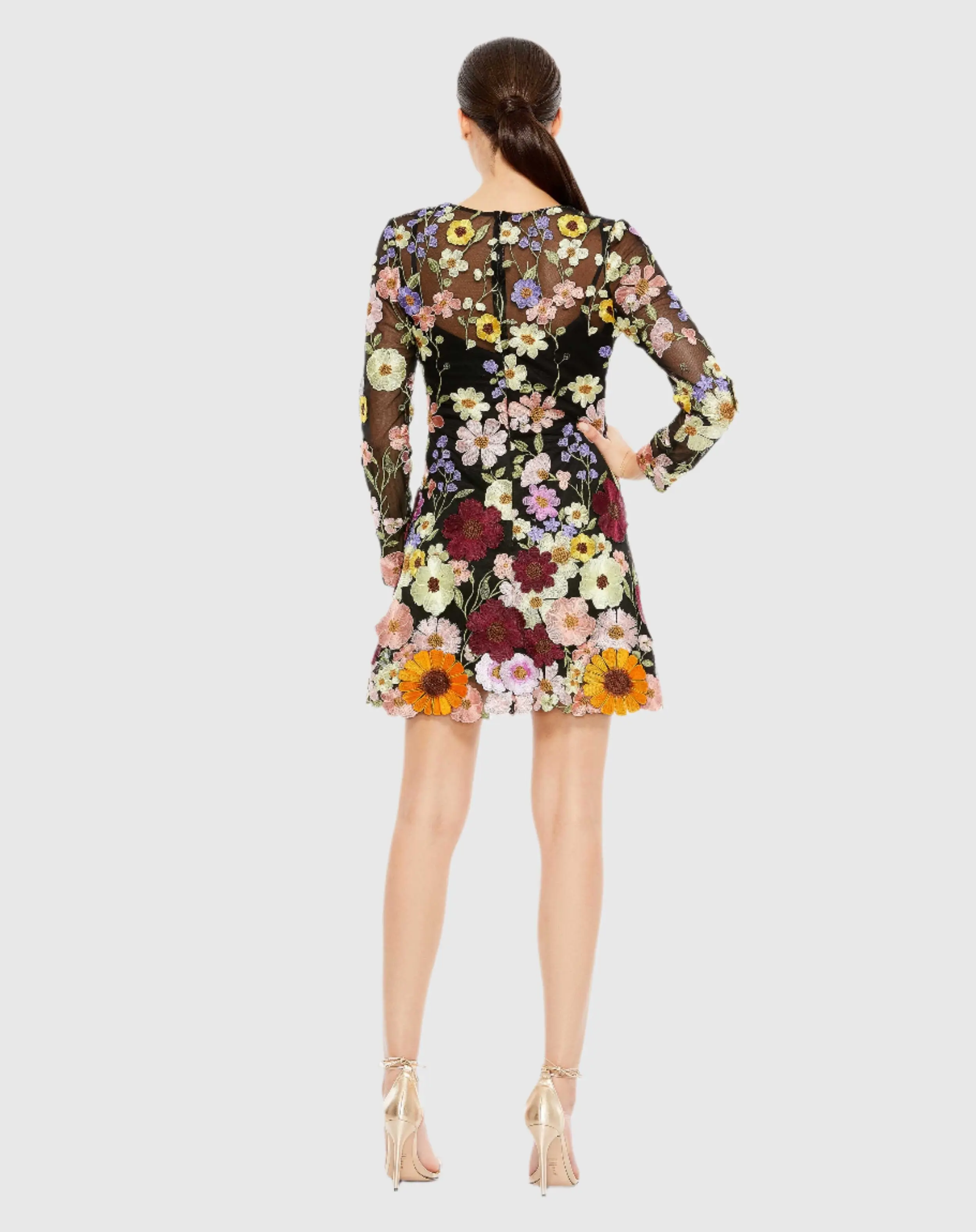 Black Floral Embroidered Long Sleeve Mini Dress - FINAL SALE - Image 3