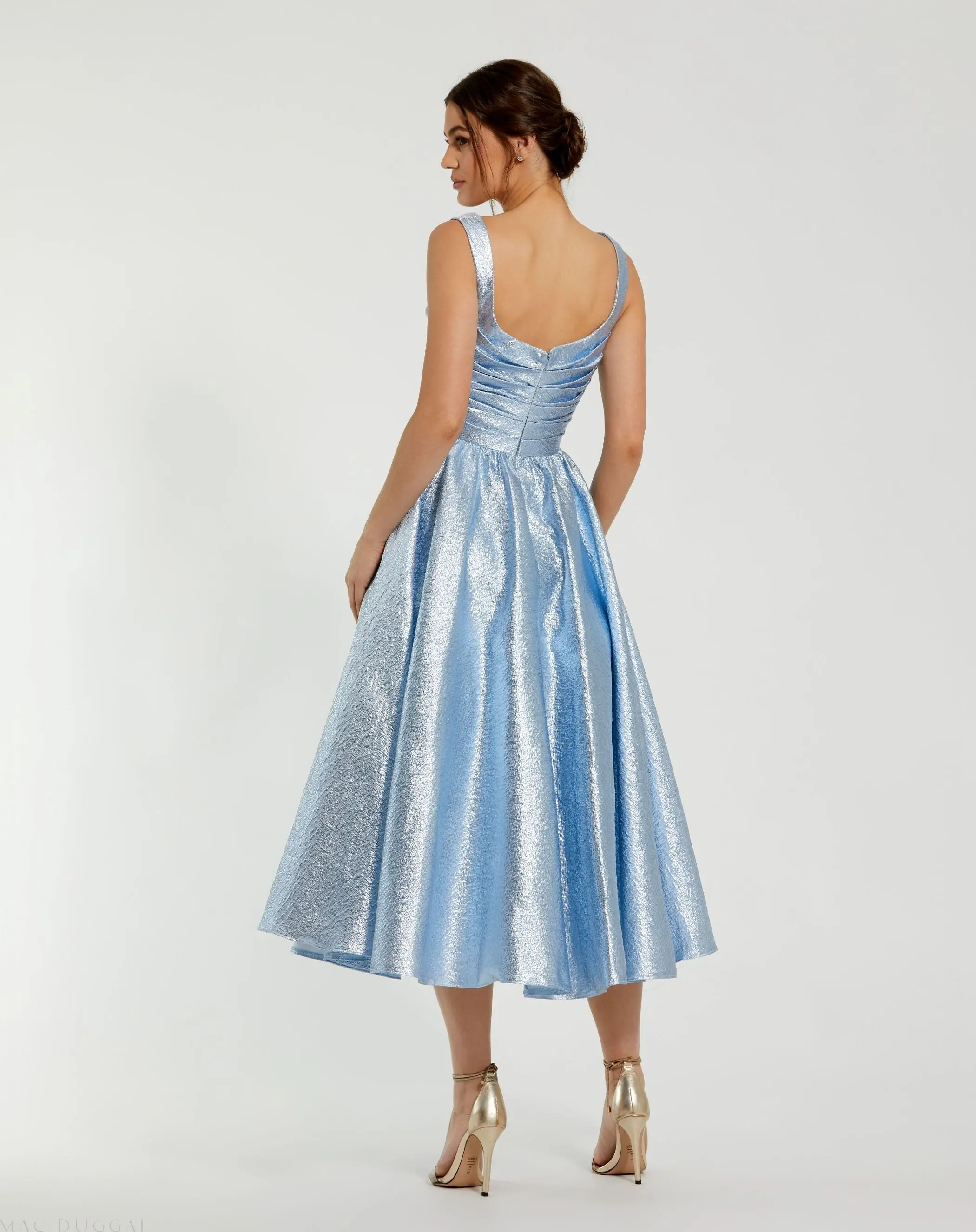 Blue Taffeta Square Neck Sleeveless A-Line Midi Dress - Image 3