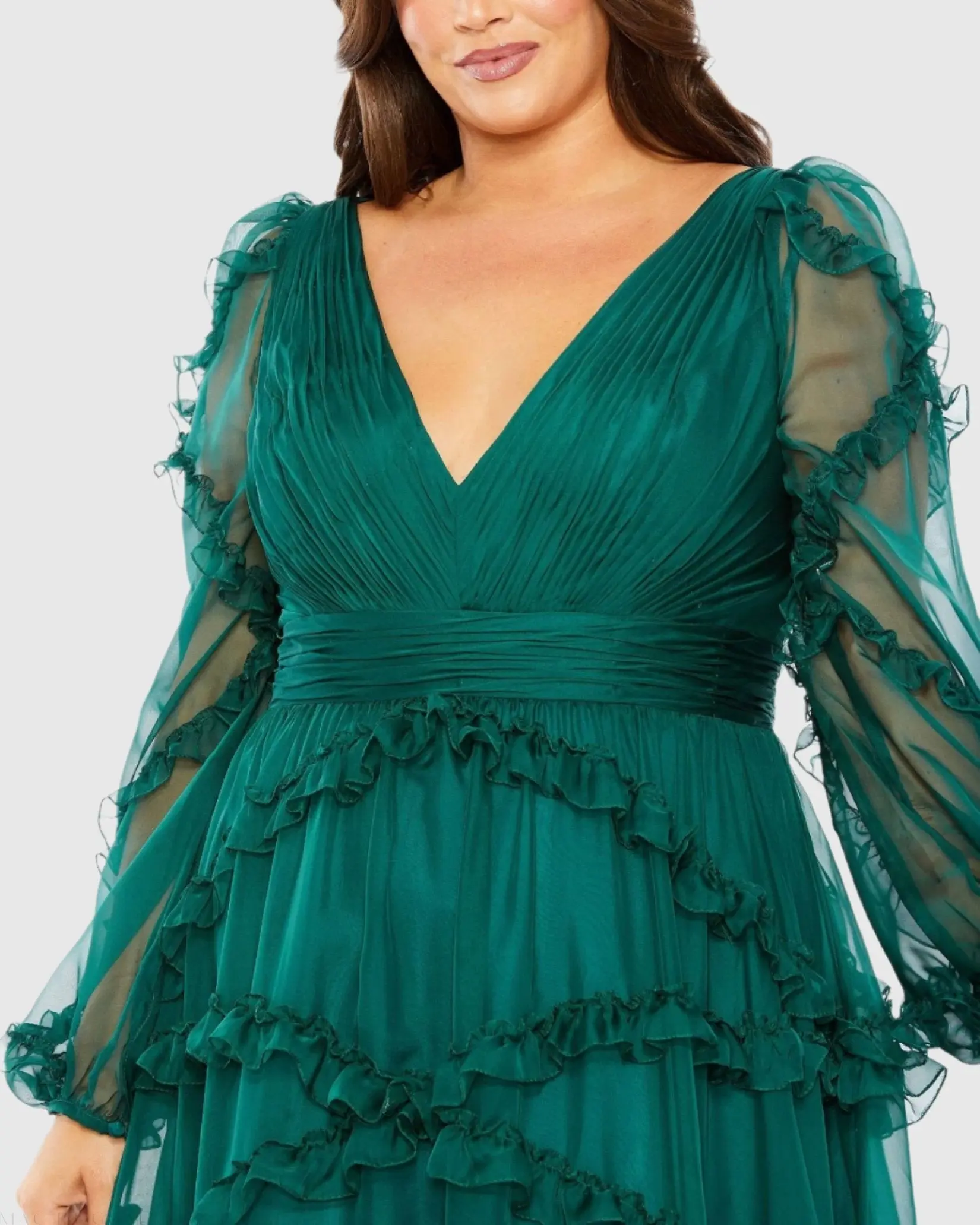 Green V Neck Ruffle Tiered Puff Sleeve Gown (Plus) - Image 2
