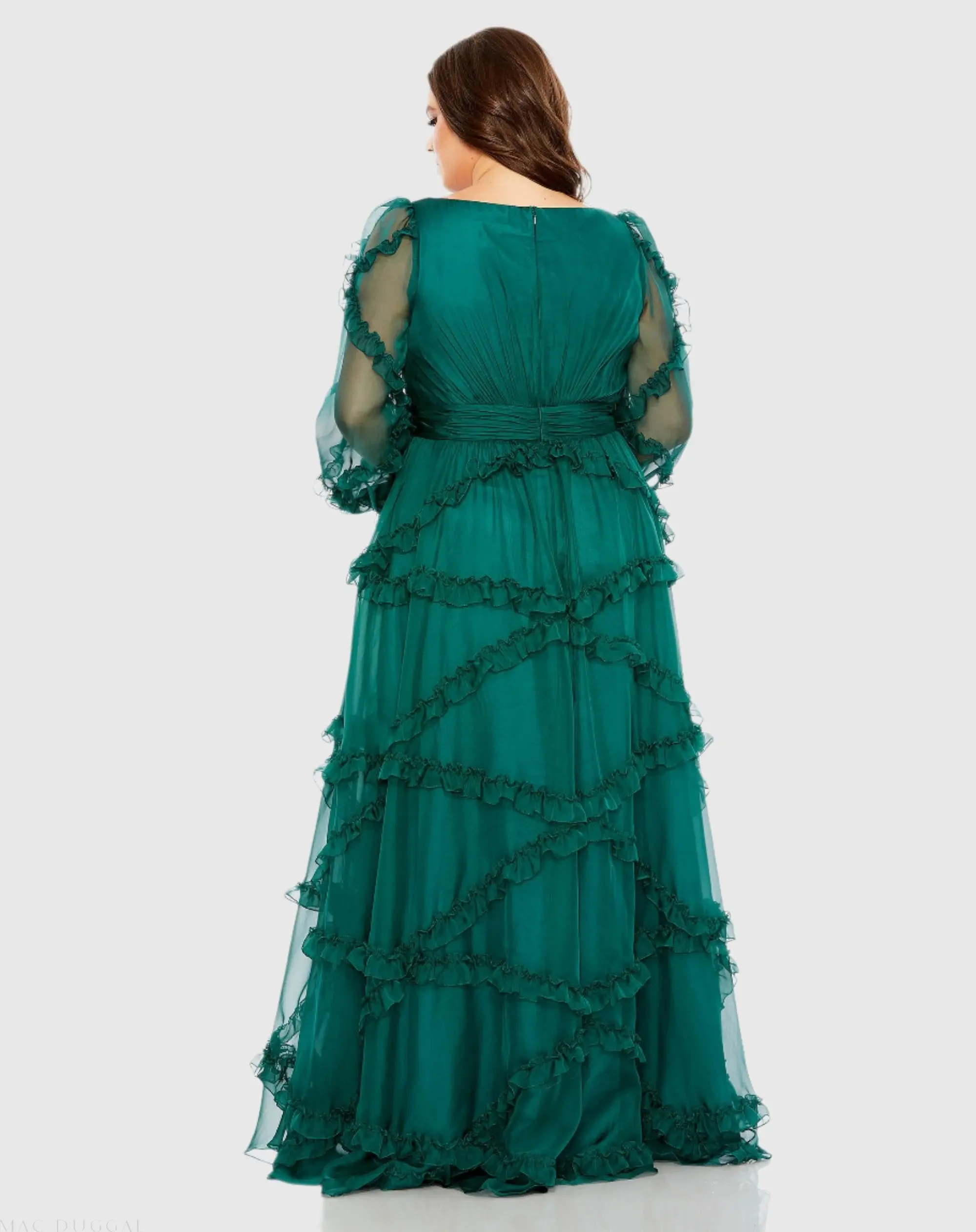 Green V Neck Ruffle Tiered Puff Sleeve Gown (Plus) - Image 3