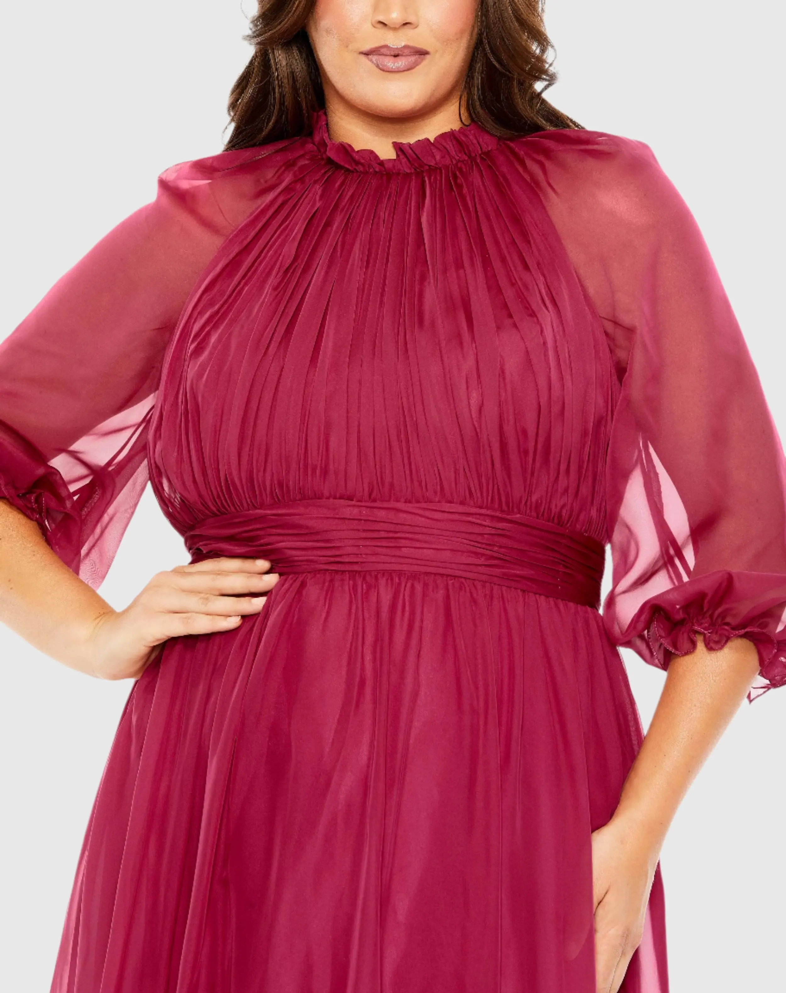 Purple High Neck Puff Sleeve Tiered A Line Gown (Plus) - Image 2