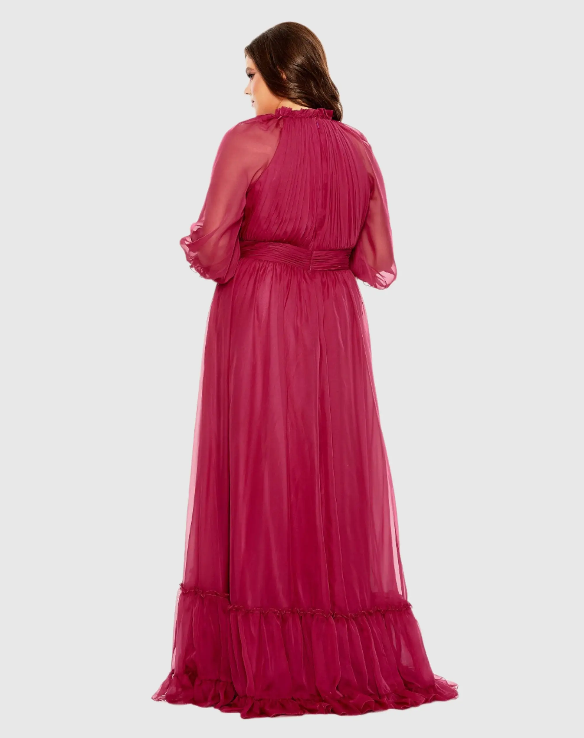 Purple High Neck Puff Sleeve Tiered A Line Gown (Plus) - Image 3