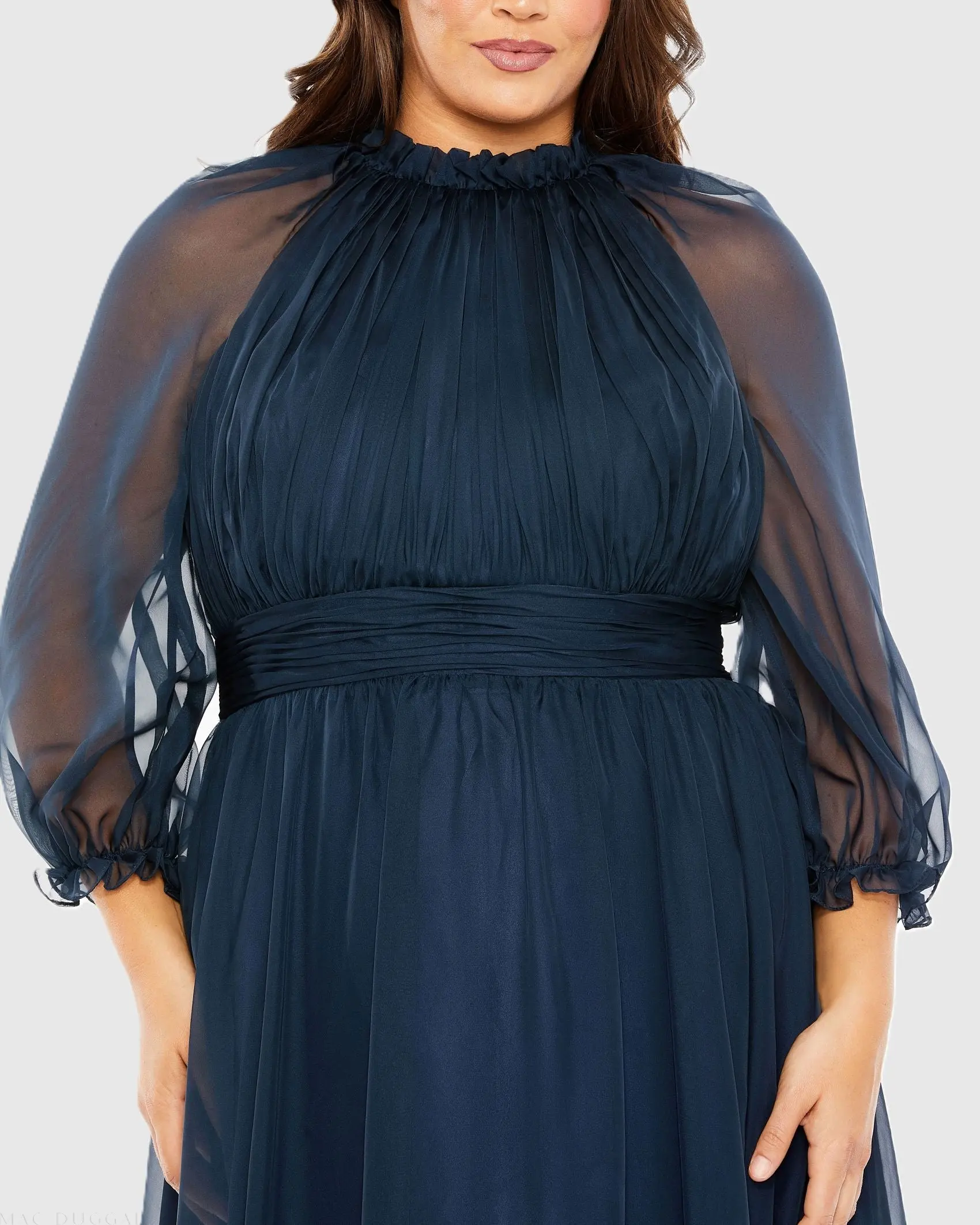 Navy High Neck Puff Sleeve Tiered A Line Gown (Plus) - Image 2