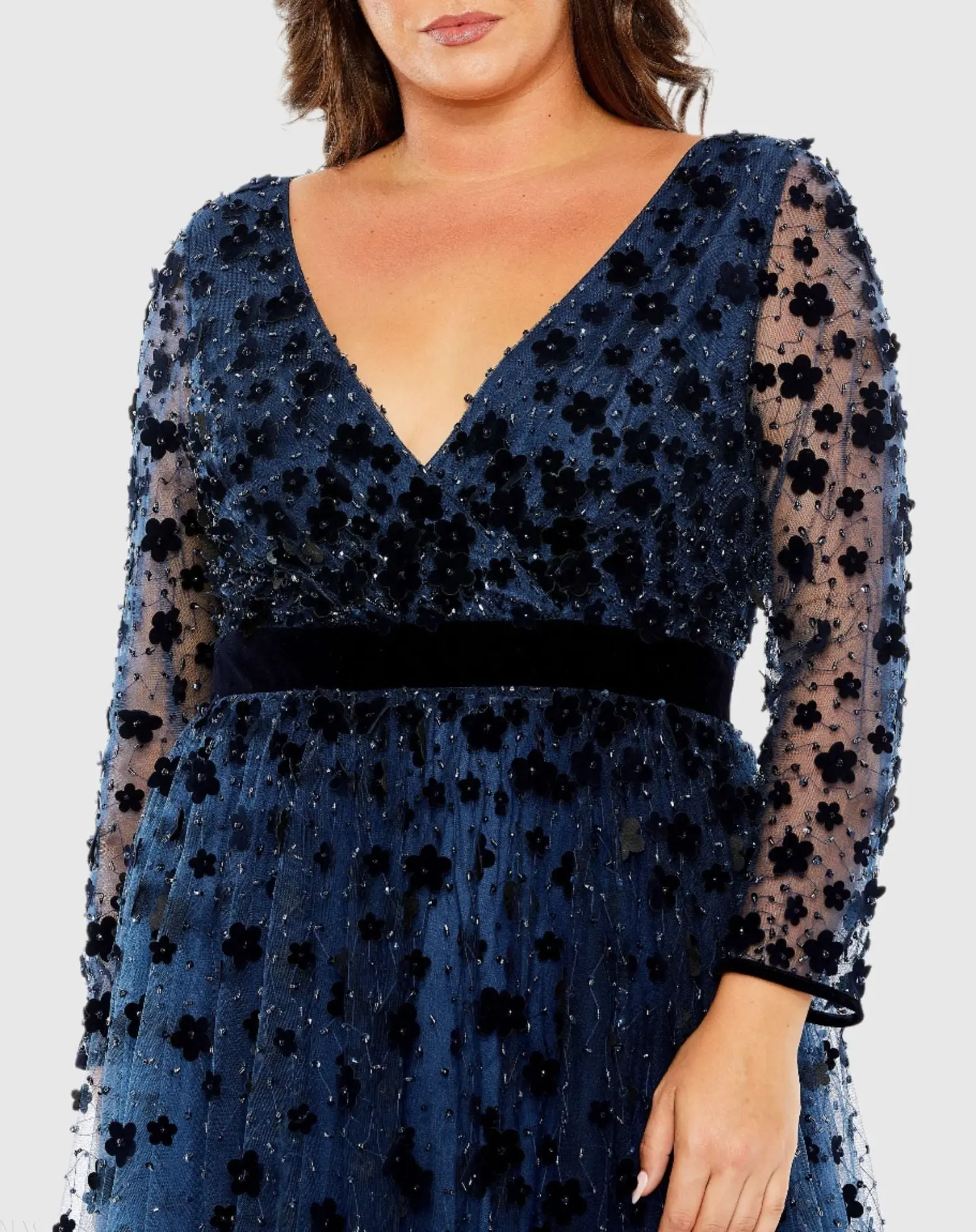 Navy Velvet Floral Applique Long Sleeve A Line Gown (Plus) - Image 2
