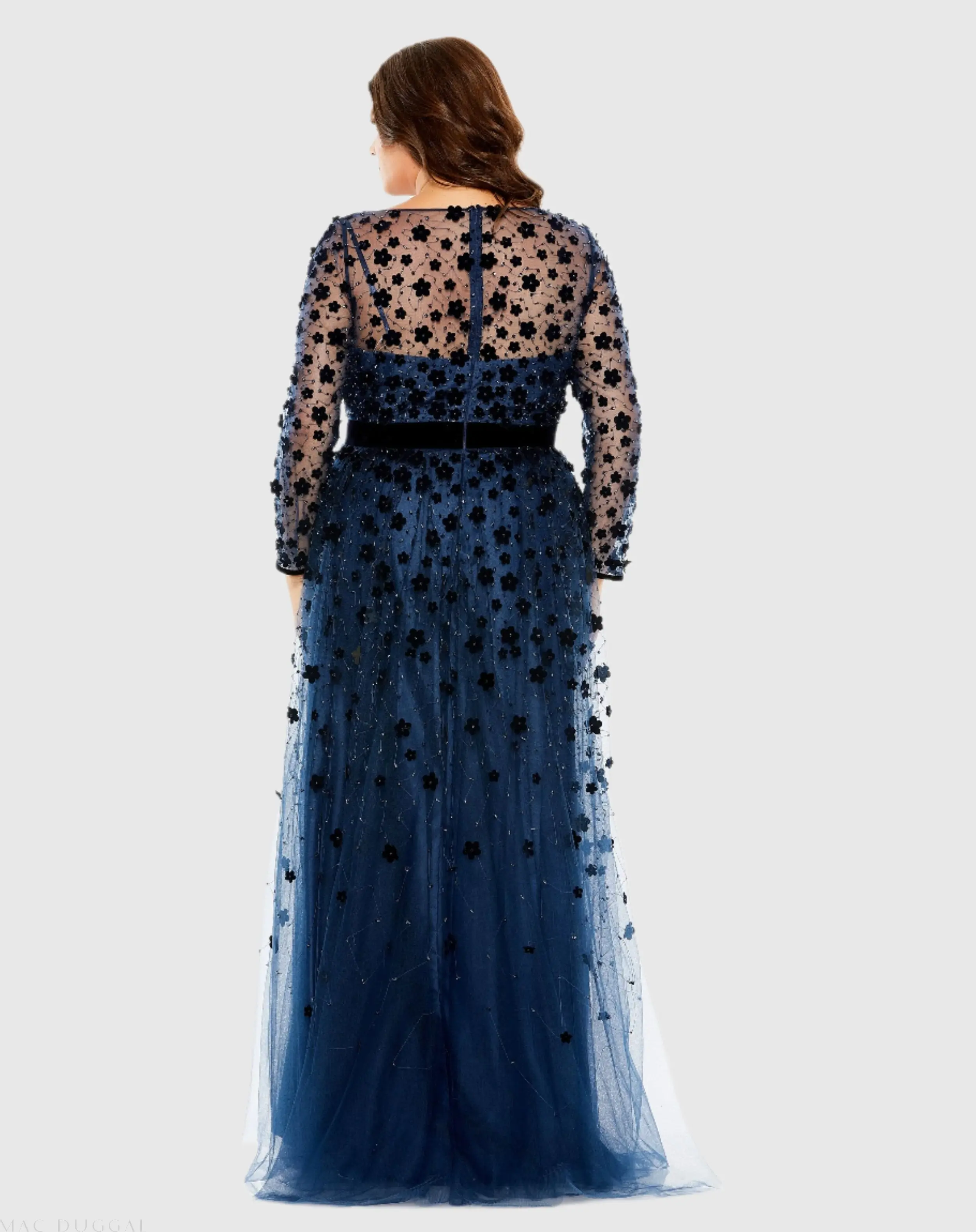 Navy Velvet Floral Applique Long Sleeve A Line Gown (Plus) - Image 3