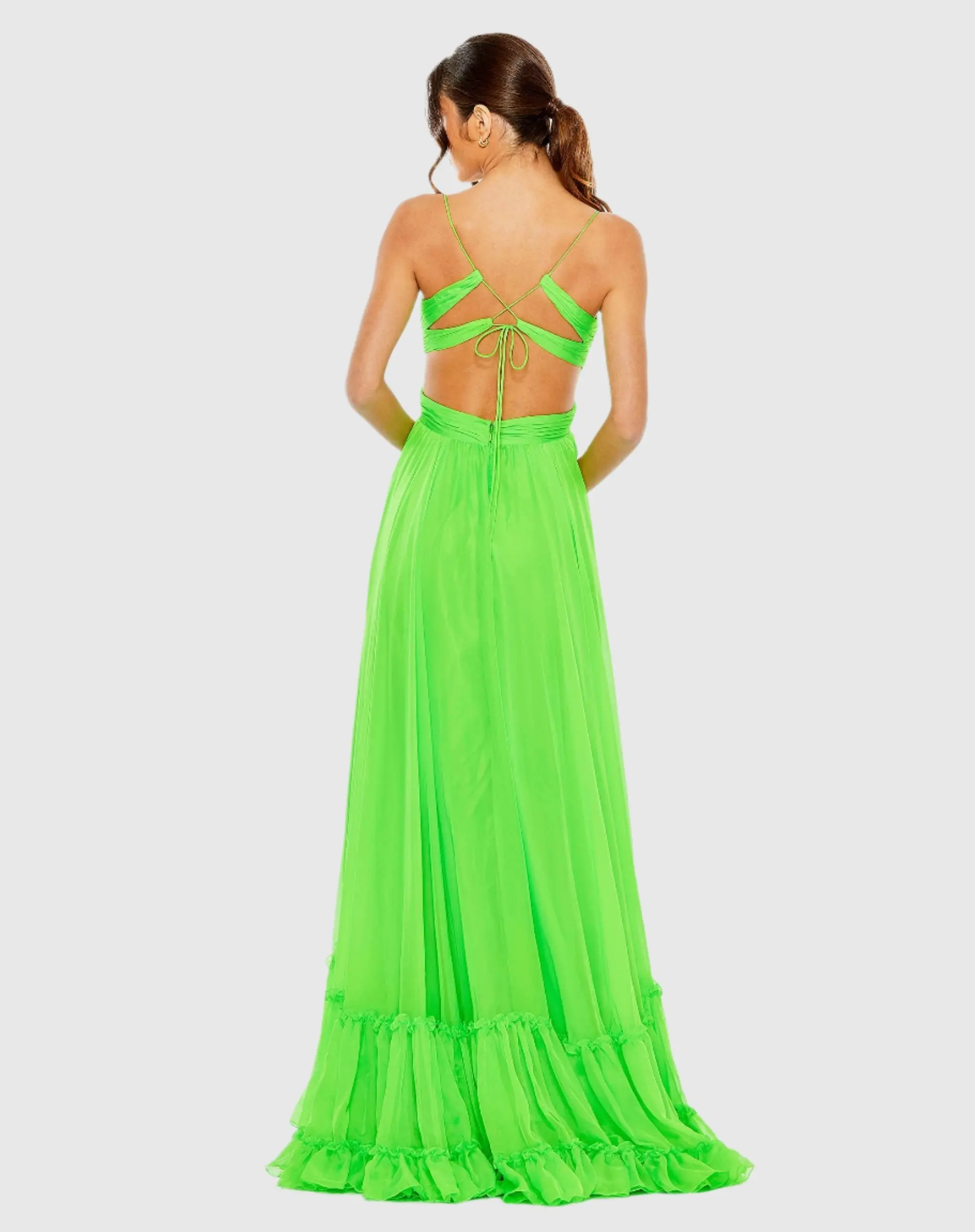 Green Ruched Tiered Spaghetti Strap Gown - Image 3