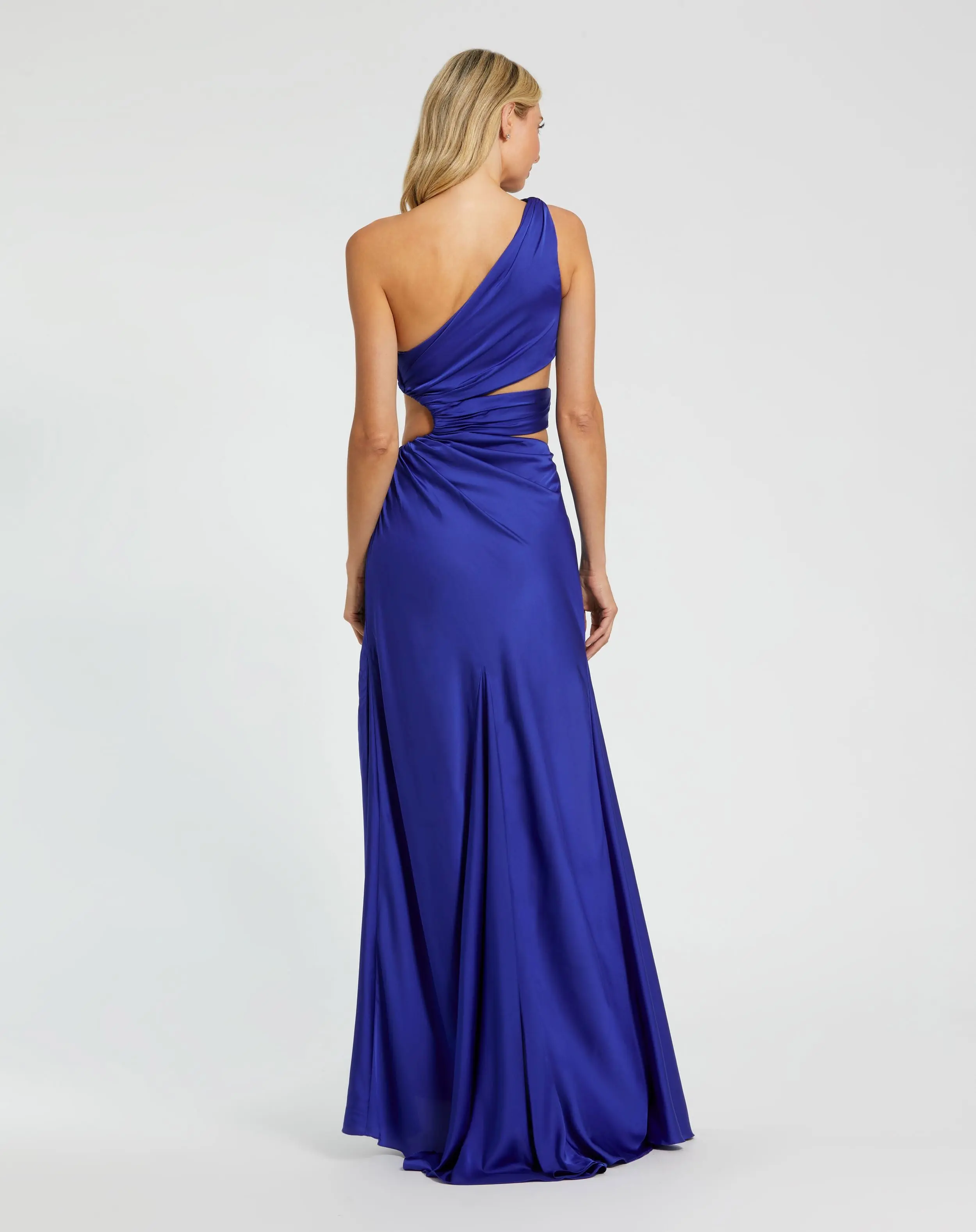 Blue Cut Out One Shoulder Satin Gown - Image 3