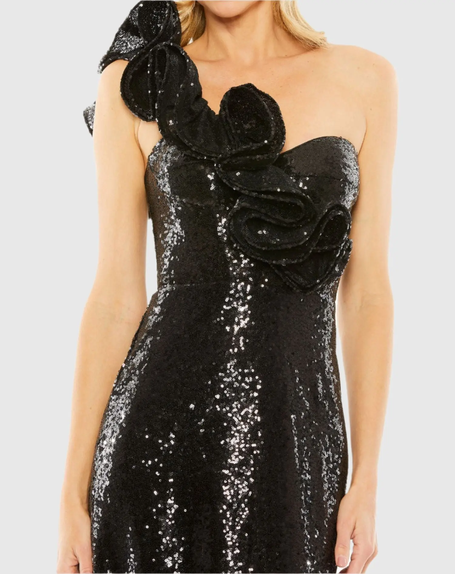 Black Sequin Ruffled One Shoulder Gown - Image 2