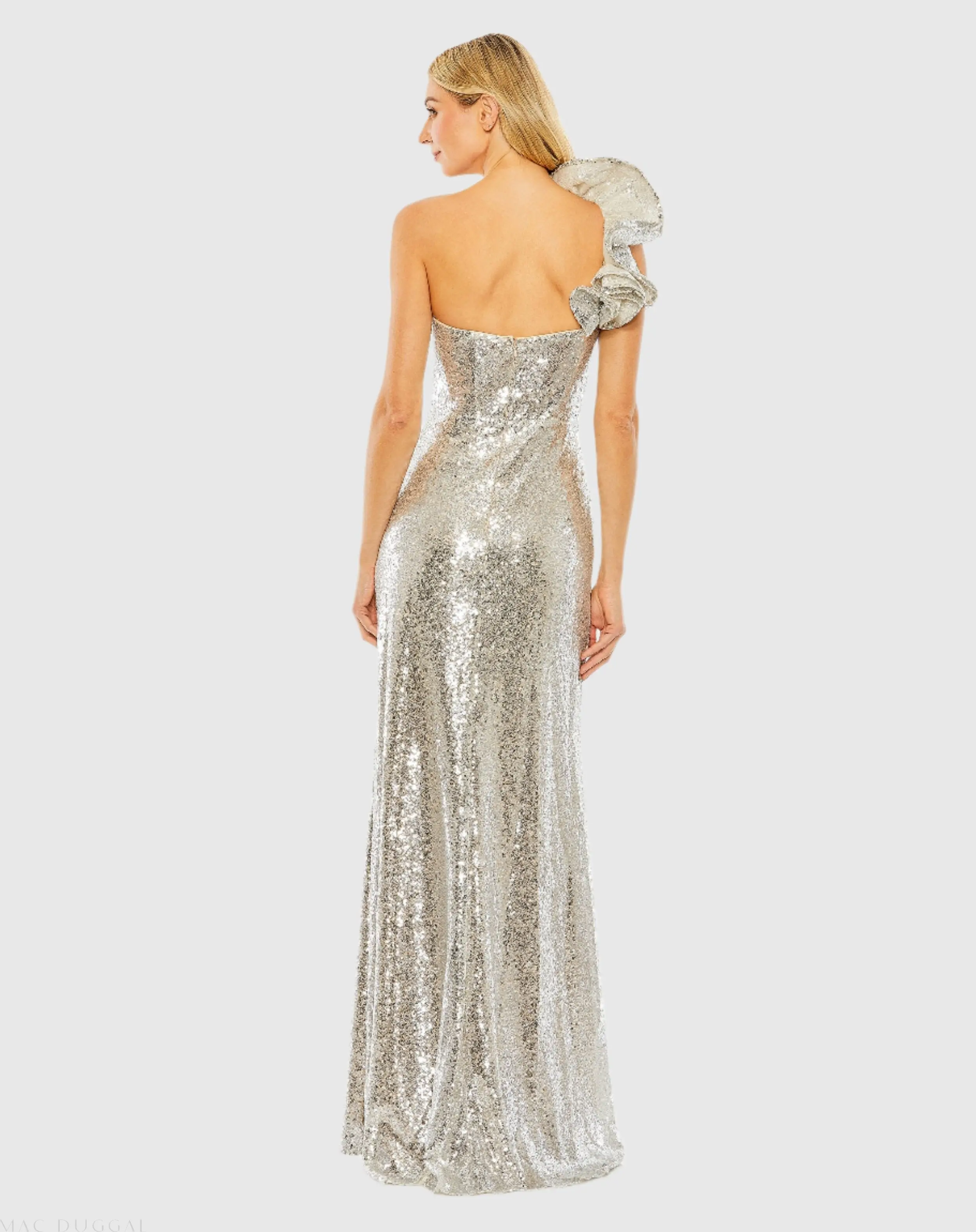 Silver Sequin Ruffled One Shoulder Gown - Image 3