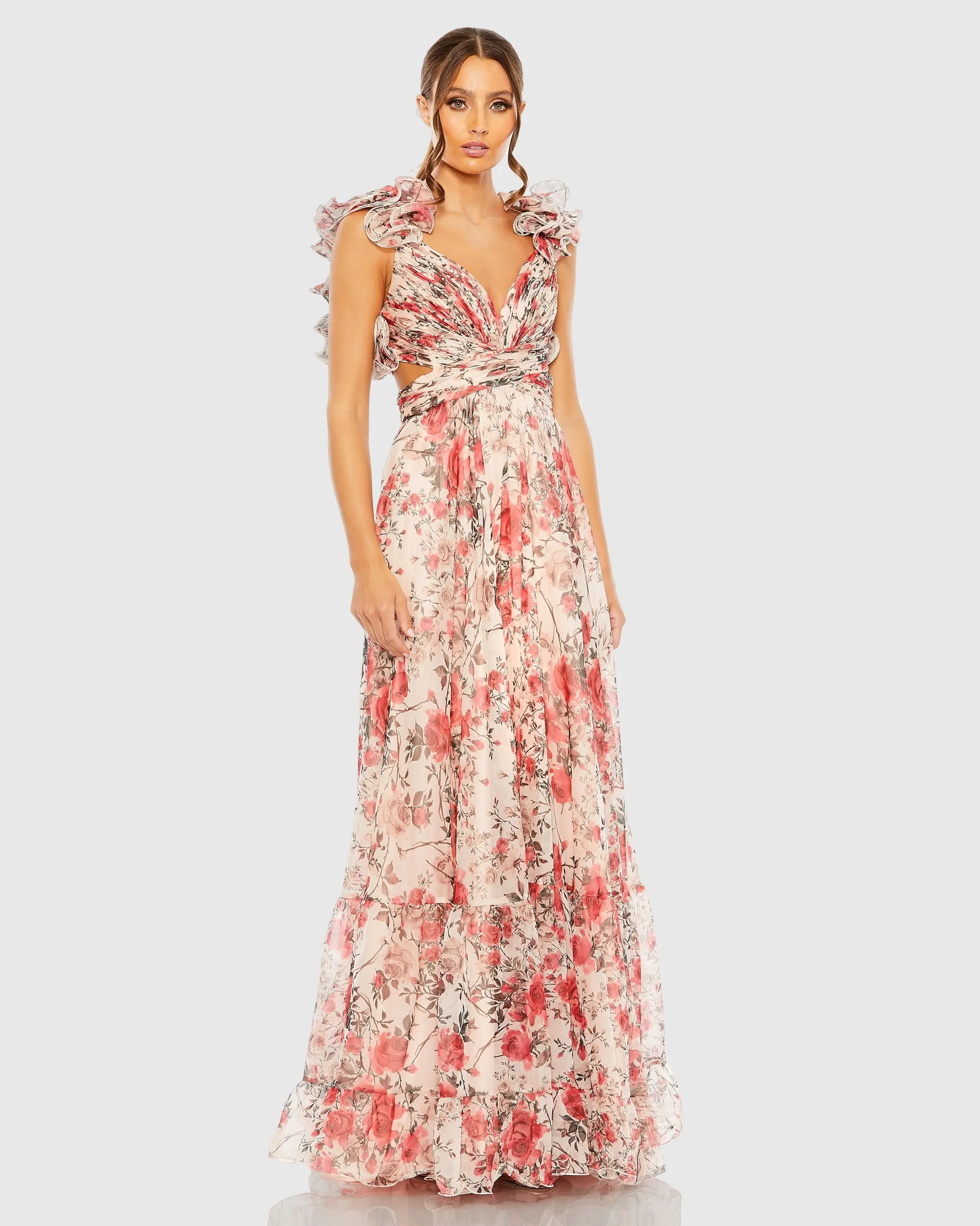 Pink Ruffle Tiered Floral Cut-Out Chiffon Gown