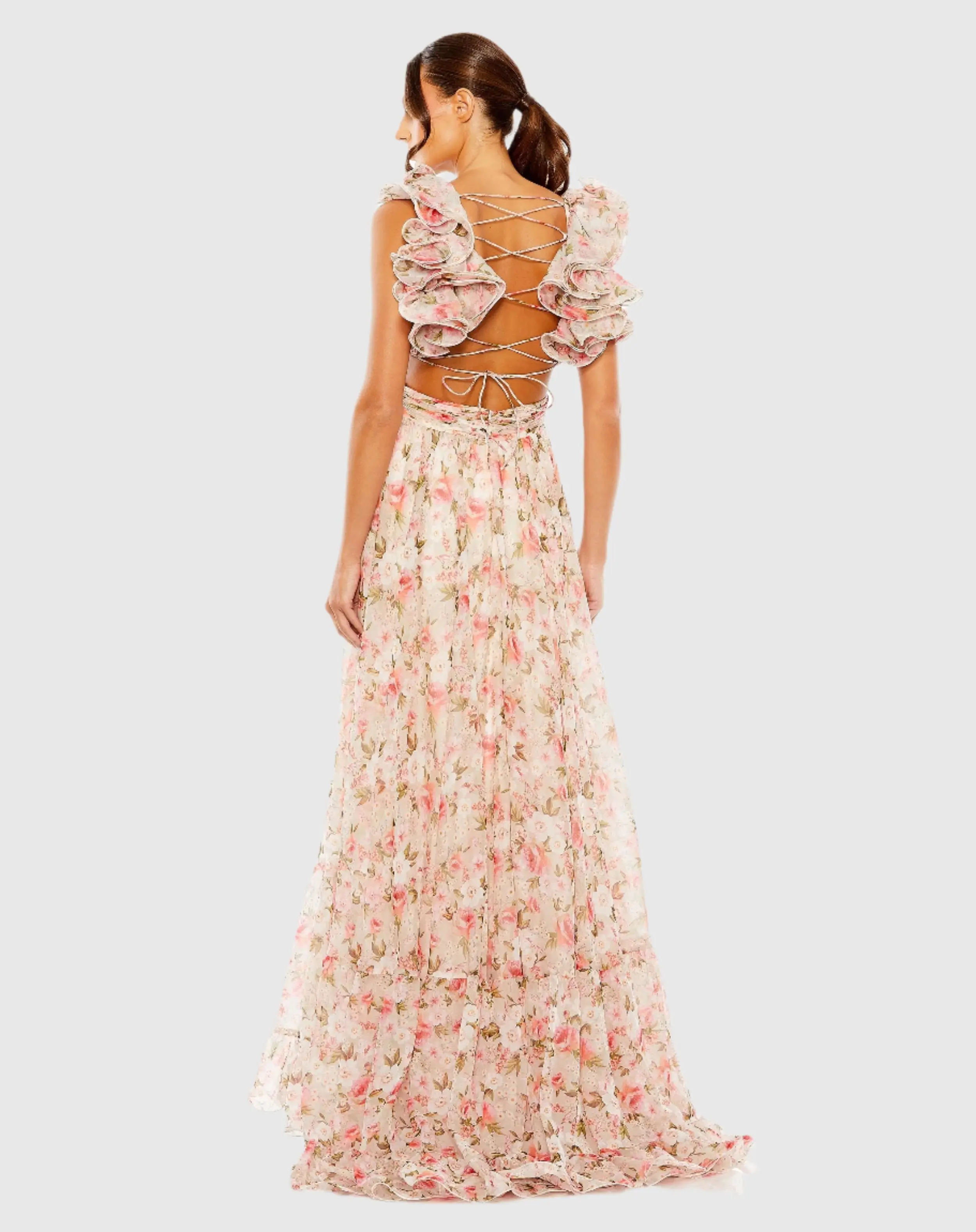 Pink Ruffle Tiered Cut-Out Chiffon Floral Gown - Image 3