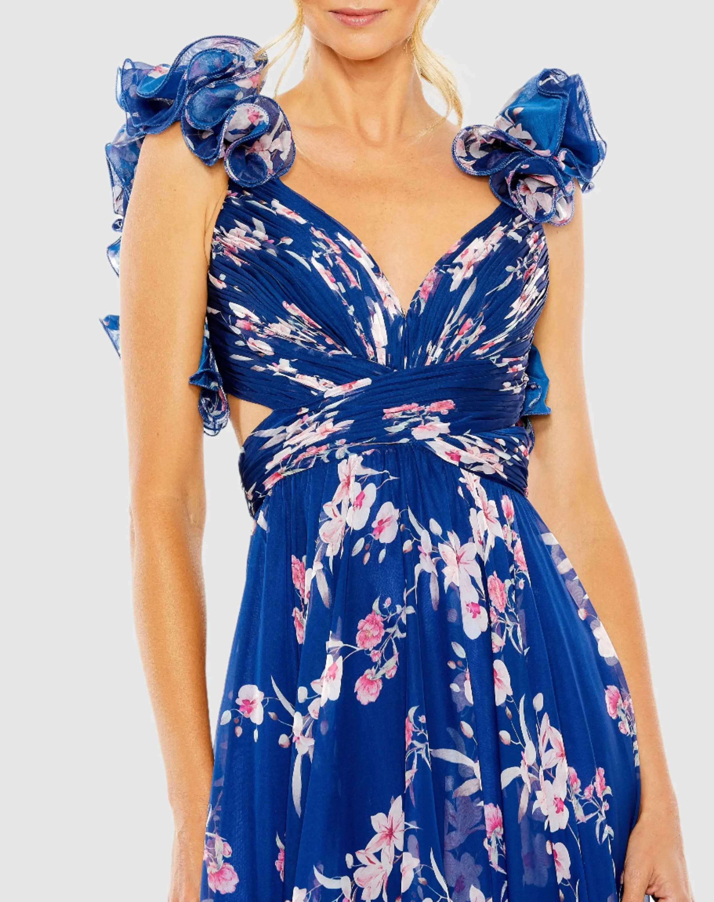Blue Ruffle Tiered Floral Cut-Out Chiffon Gown - Image 2