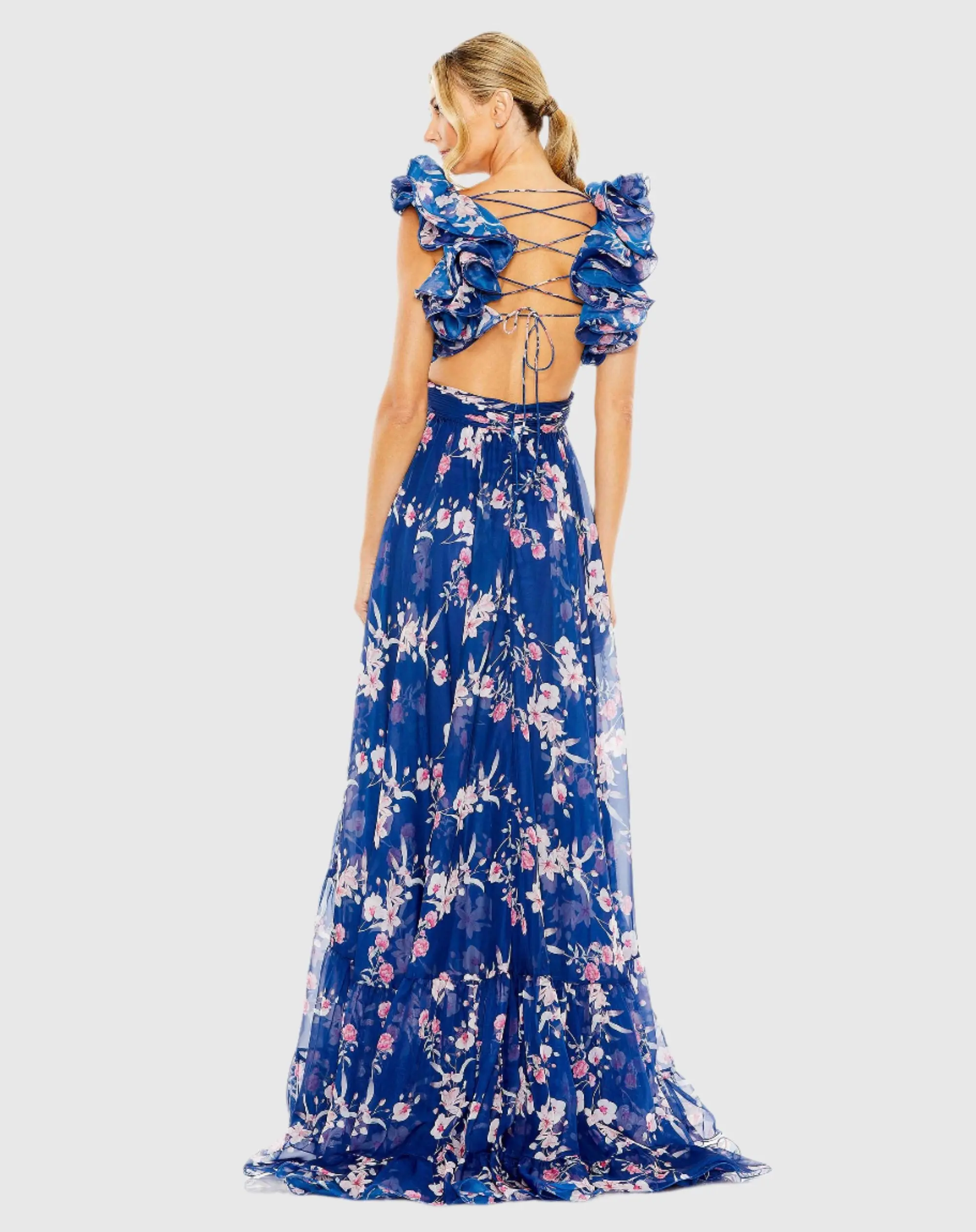 Blue Ruffle Tiered Floral Cut-Out Chiffon Gown - Image 3